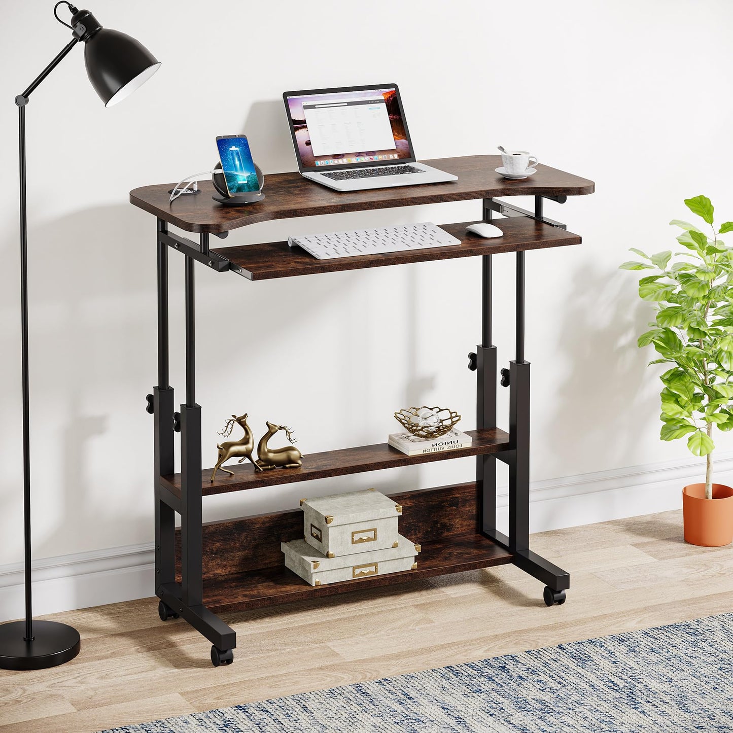 Tribesigns Portable Desk with Power Outlets, Height Adjustable Side Table Sofa Couch Bedside Laptop Computer Cart with USB Charging Ports, Mobile Small Standing Desk with Keyboard Tray
