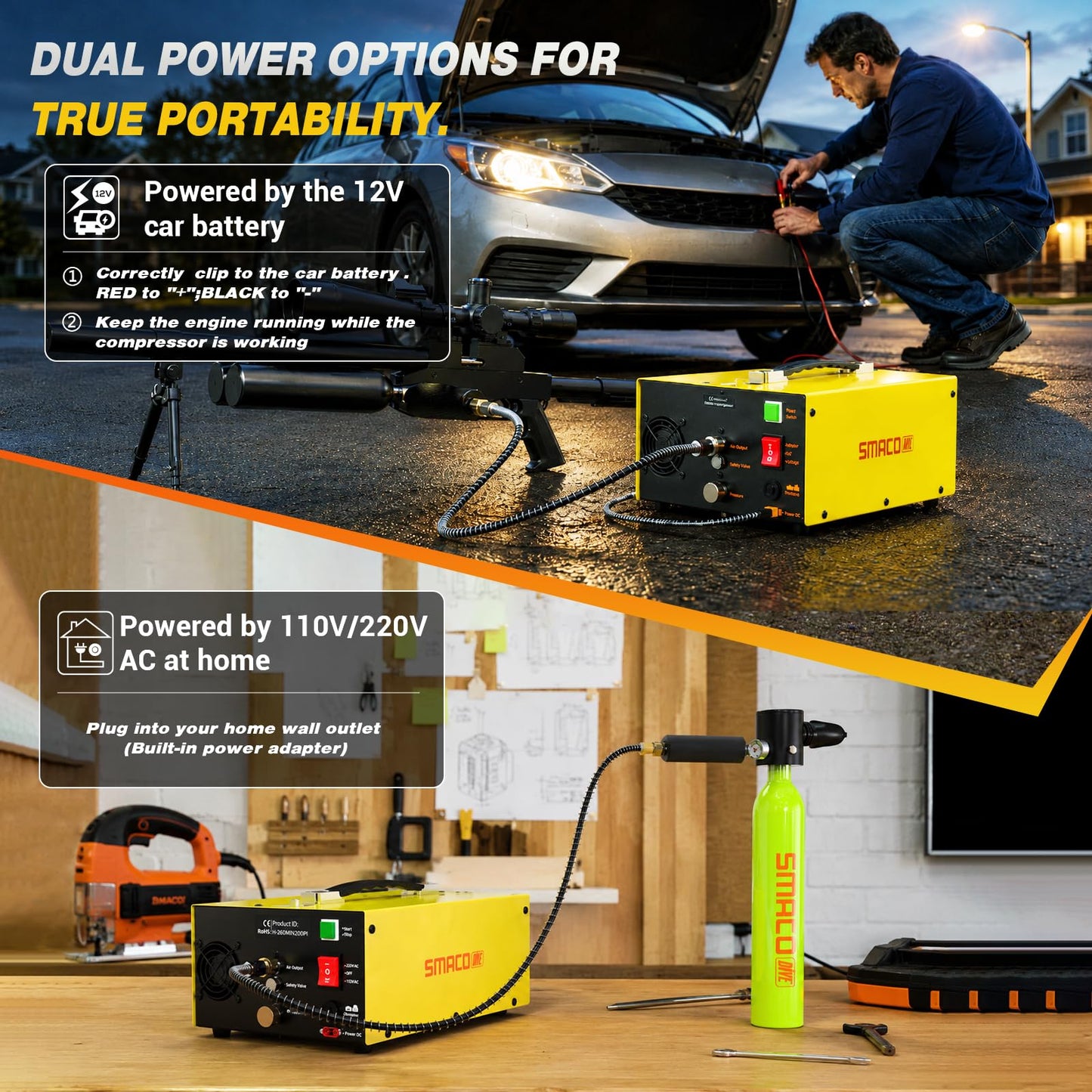 SMACO PCP Air Compressor 4500Psi/30Mpa/300Bar Portable High Pressure Air Compressor for Paintball Tank Scuba Diving PCP Air Rifles Pump with Auto-Stop Dual Power 12V DC & 110V/220V AC