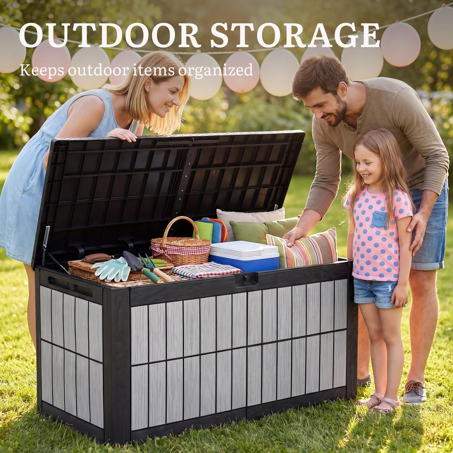 YITAHOME 134 Gallon Large Deck Box, Waterproof Resin Outdoor Storage Box with Lock, Doubles as Bench Seating for Patio Furniture Cushions,Garden Tools & Pool Accessories, Black & Wood-Grain Gray