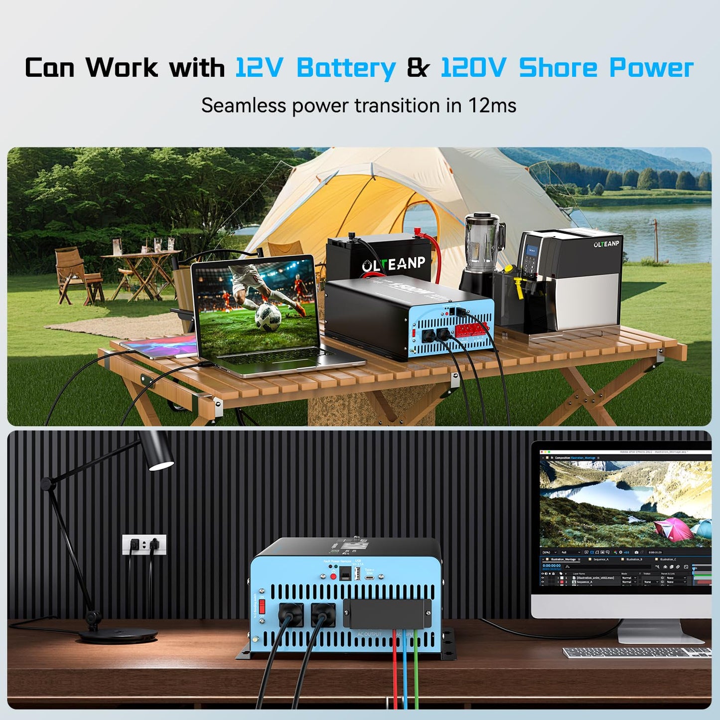 1500W Pure Sine Wave Power Inverter with Transfer Switch, 12V DC to 120V AC Converter, 3000W Peak, Auto Switch to Shore Power, Remote LCD Controller, USB & Type-C for RV, Truck, Off-Grid