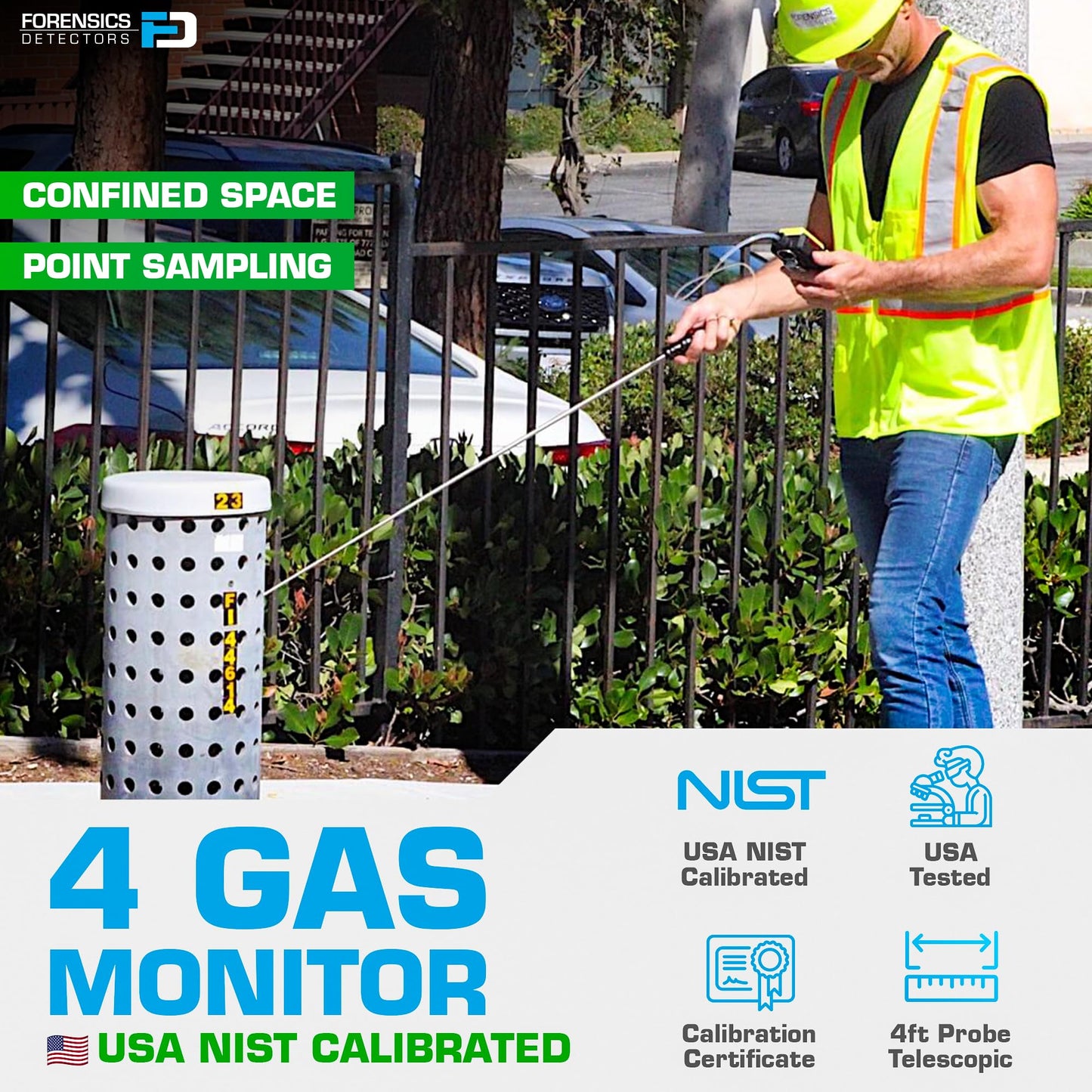 4 Gas Monitor by Forensics | Built-in Pump Multi Gas Meter | O2, CO, H2S, LEL | Color Display & Graphing | USA NIST Calibration | Computer Data Logging |