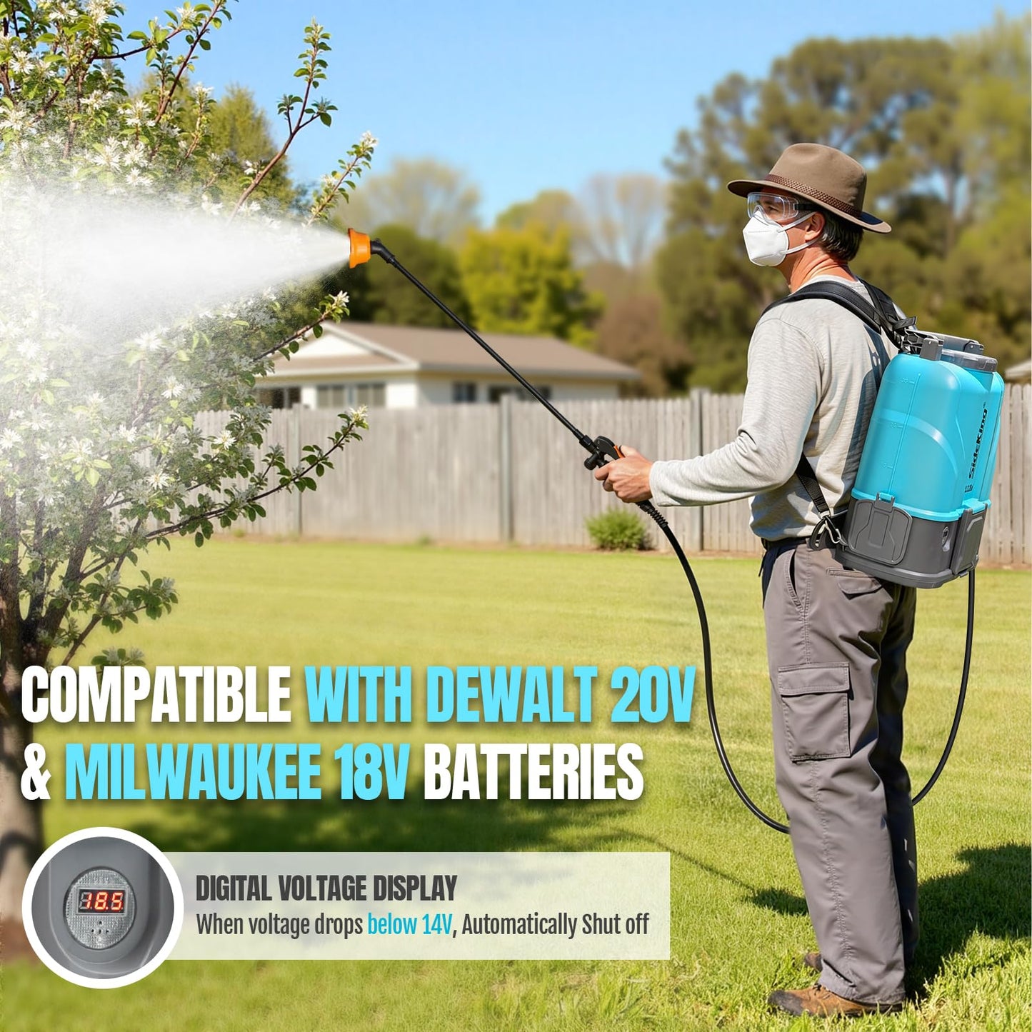 SideKing 3.2 Gallon Battery Powered Backpack Sprayer, 100 PSI Powerful Electric Sprayer Compatible with DeWalt 20V Battery, Max 0.9 GPM, 5 Nozzles & 2 Spray Wands for Lawn, Yard, Weed & Pest Control