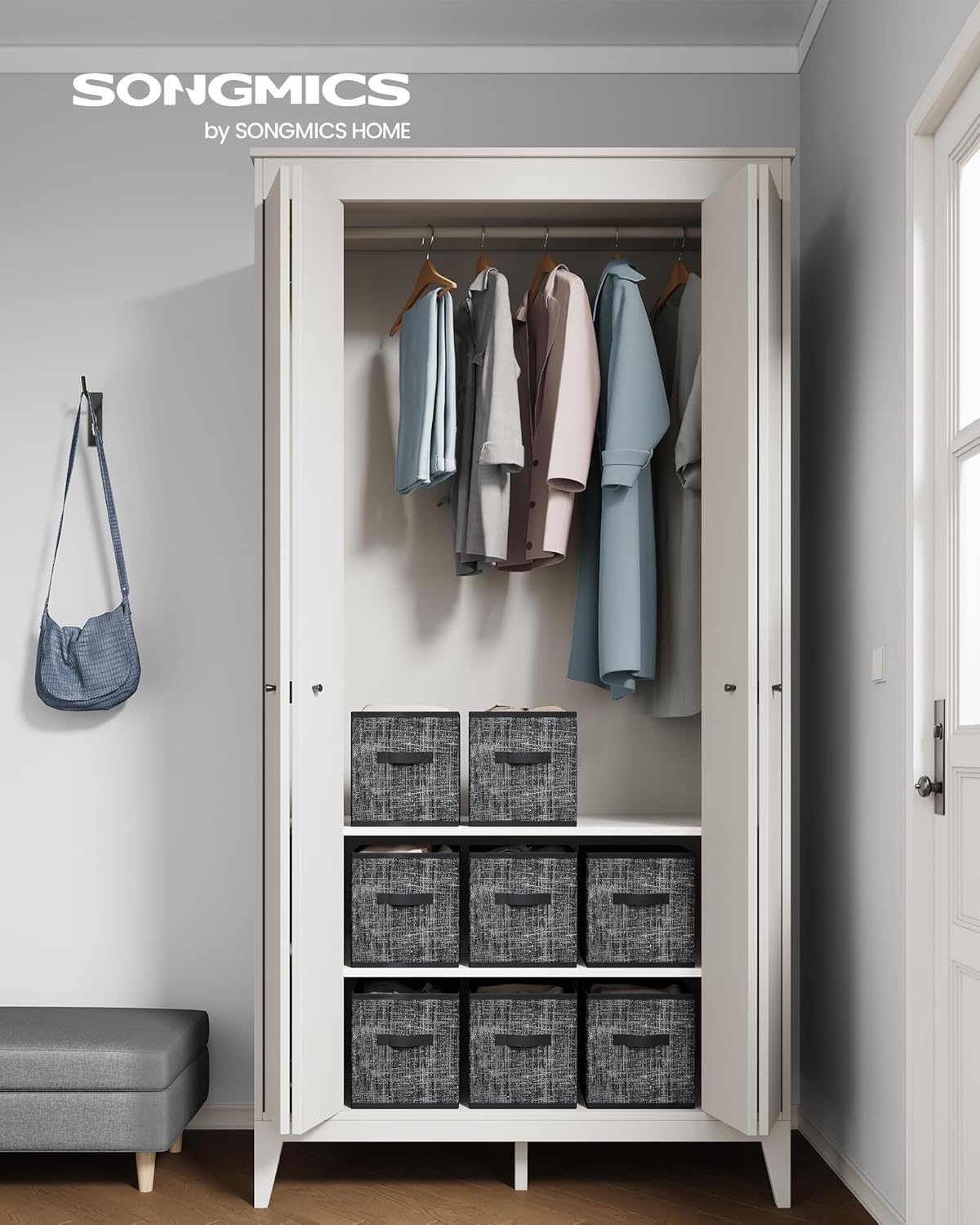 SONGMICS Storage Cubes - Set of 8 Non-Woven Fabric Bins with Double Handles | Foldable Closet Organizers, Ink Black, 10.2 x 10.2 x 11 Inches