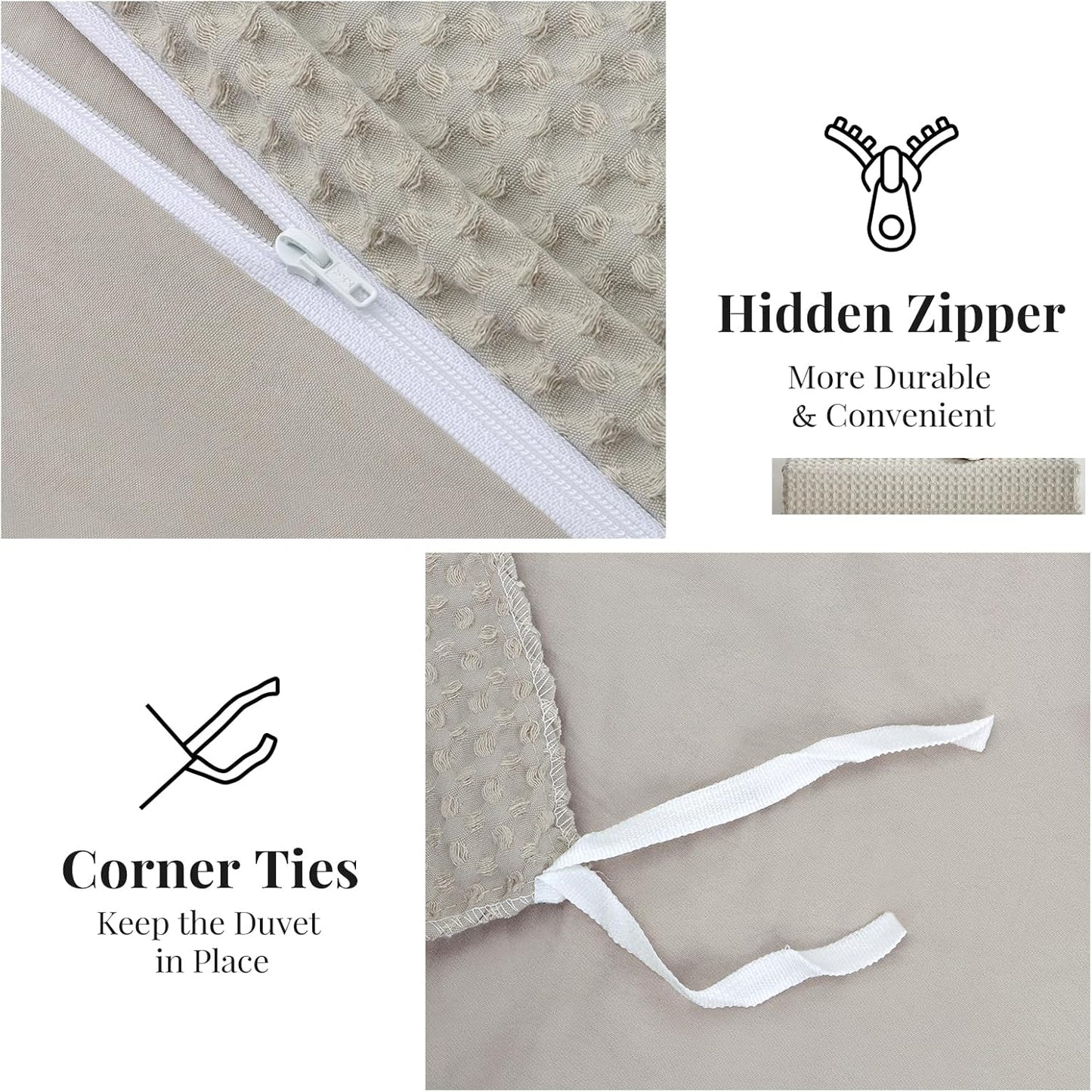 WARMDERN Waffle Weave Duvet Cover Set - Soft & Breathable Queen Size Bedding in Khaki | 3-Piece Microfiber Set