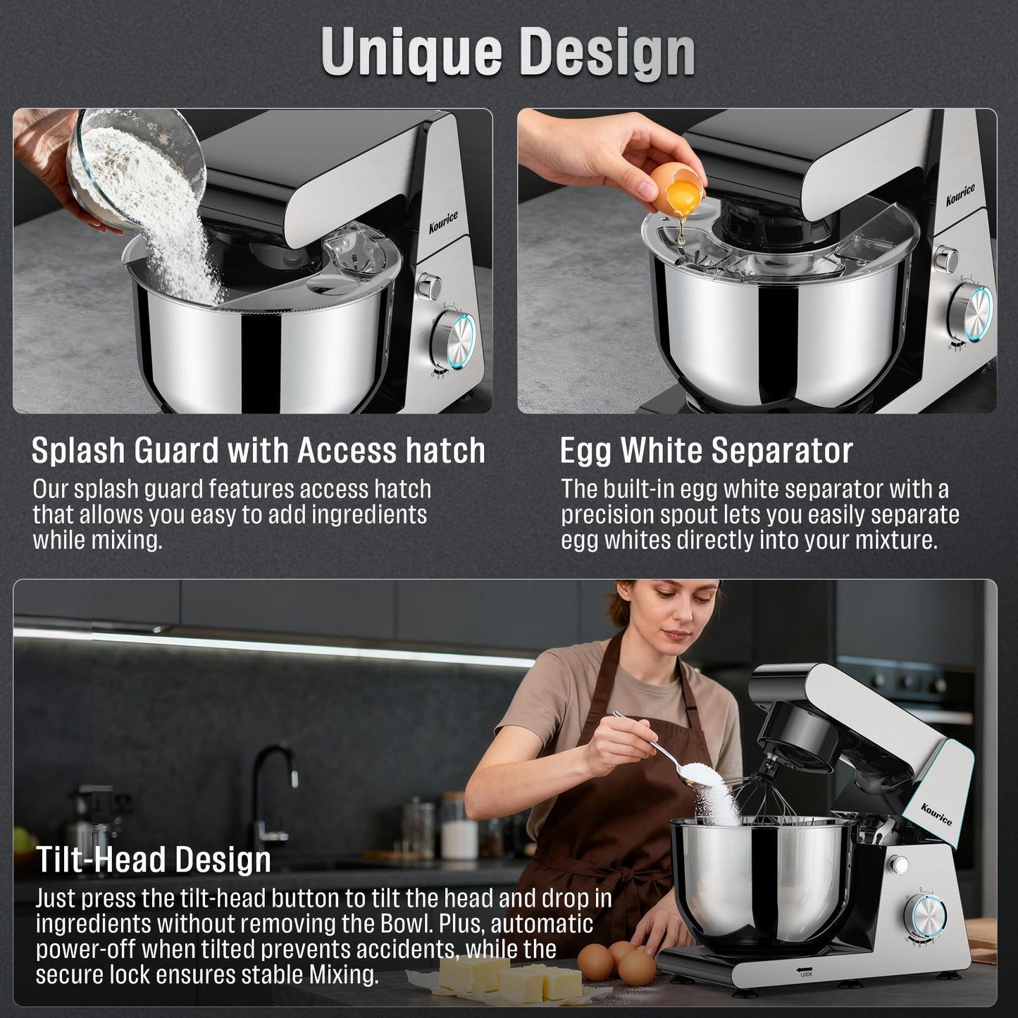 Stand Mixer Body with Stainless Steel Cladding Pro-Grade Powerful Kitchen Mixer for Baking Bread Dough Cake 10+p Speed Tilt-Head Electric Food Mixer With 6.5QT Bowl Dough Hook Wire Whisk Flat Beater