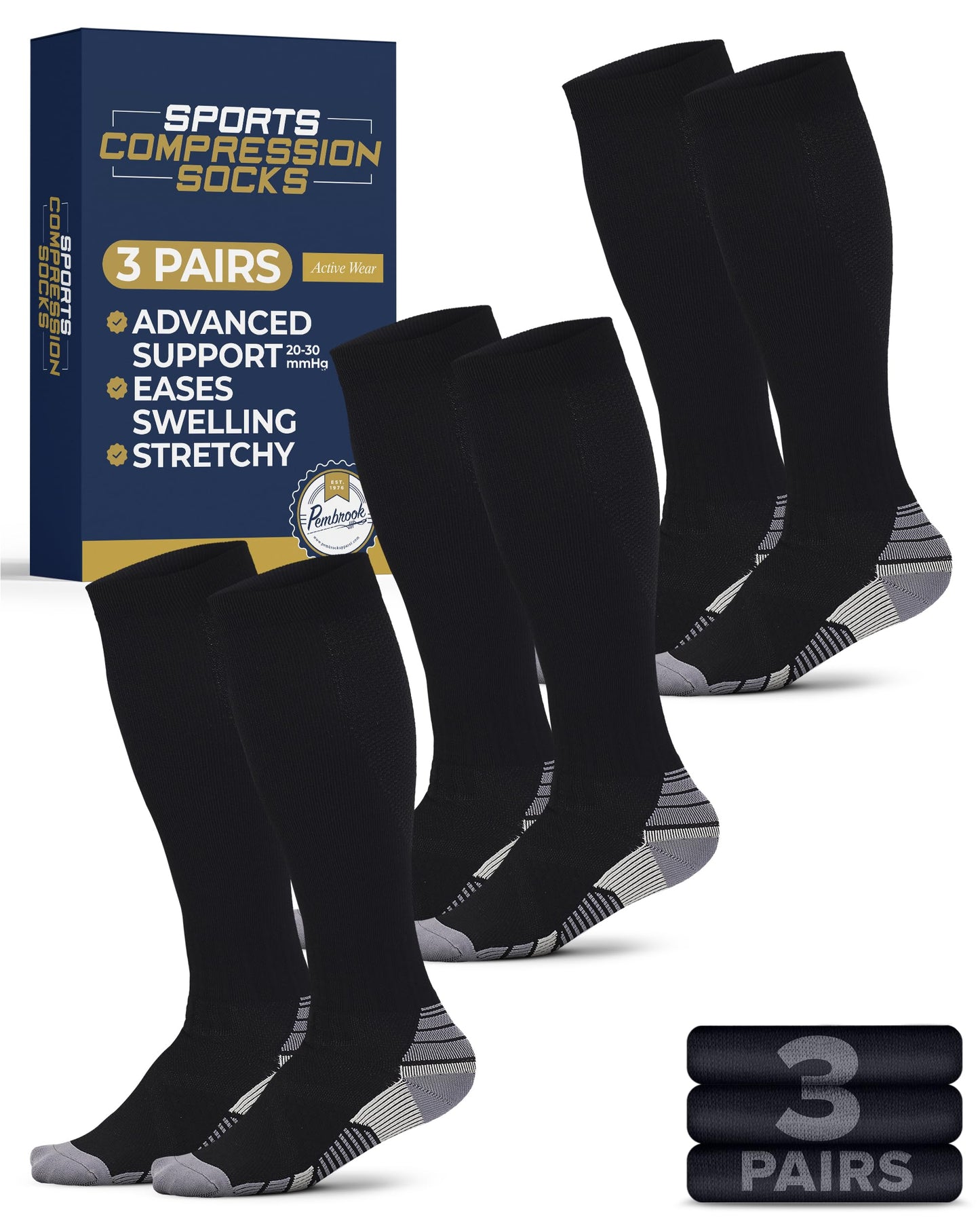 Pembrook 3 Pairs Compression Socks Men 20-30 mmhg - Men's Compression Socks, Medical