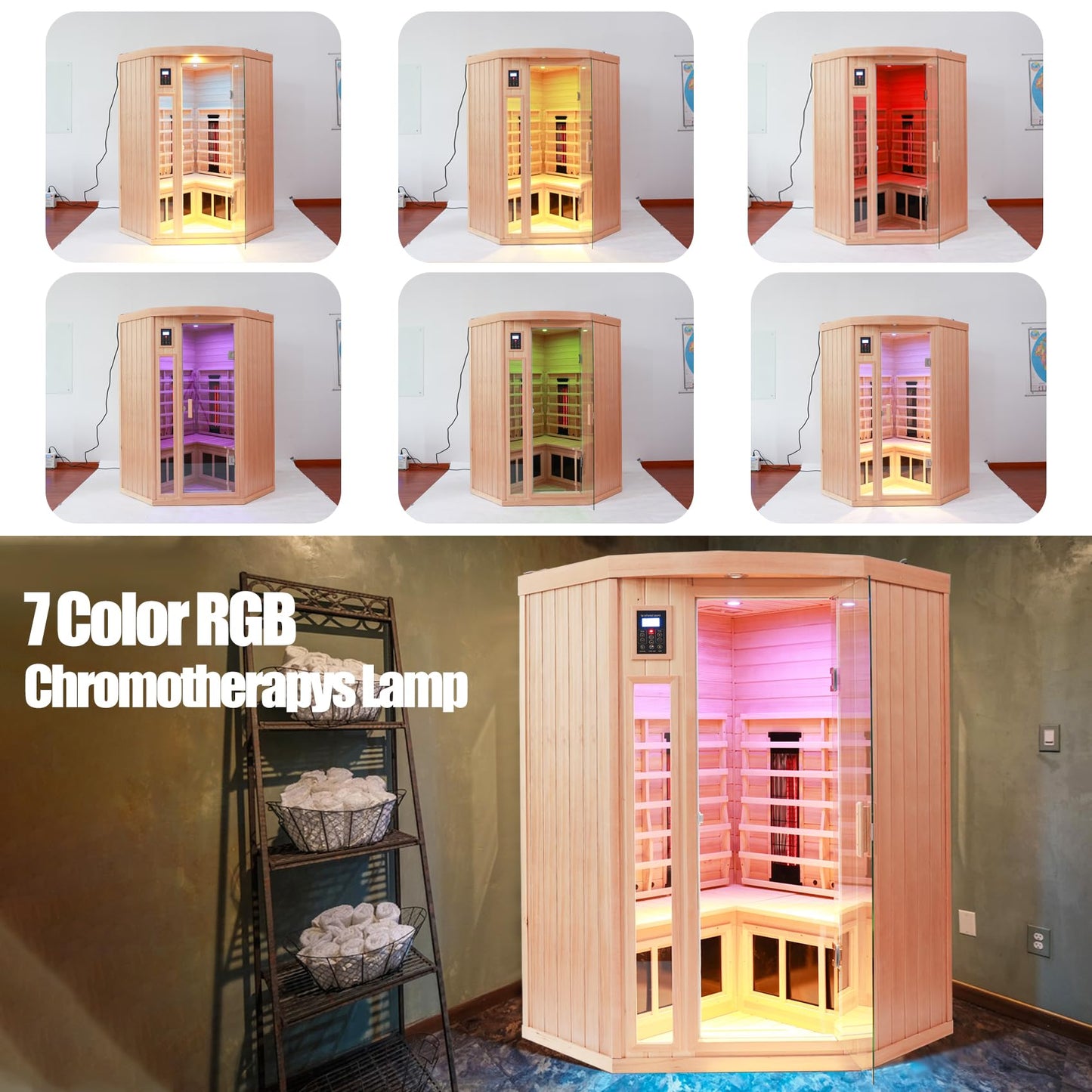 KUNSANA 2-3 Person Infrared Saunas for Home, Low EMF Ceramic Infrared Sauna, Indoor Home Sauna Spa, Hemlock Wooden Corner Suana Room, Bluetooth Speakers, Chromotherapy Lights