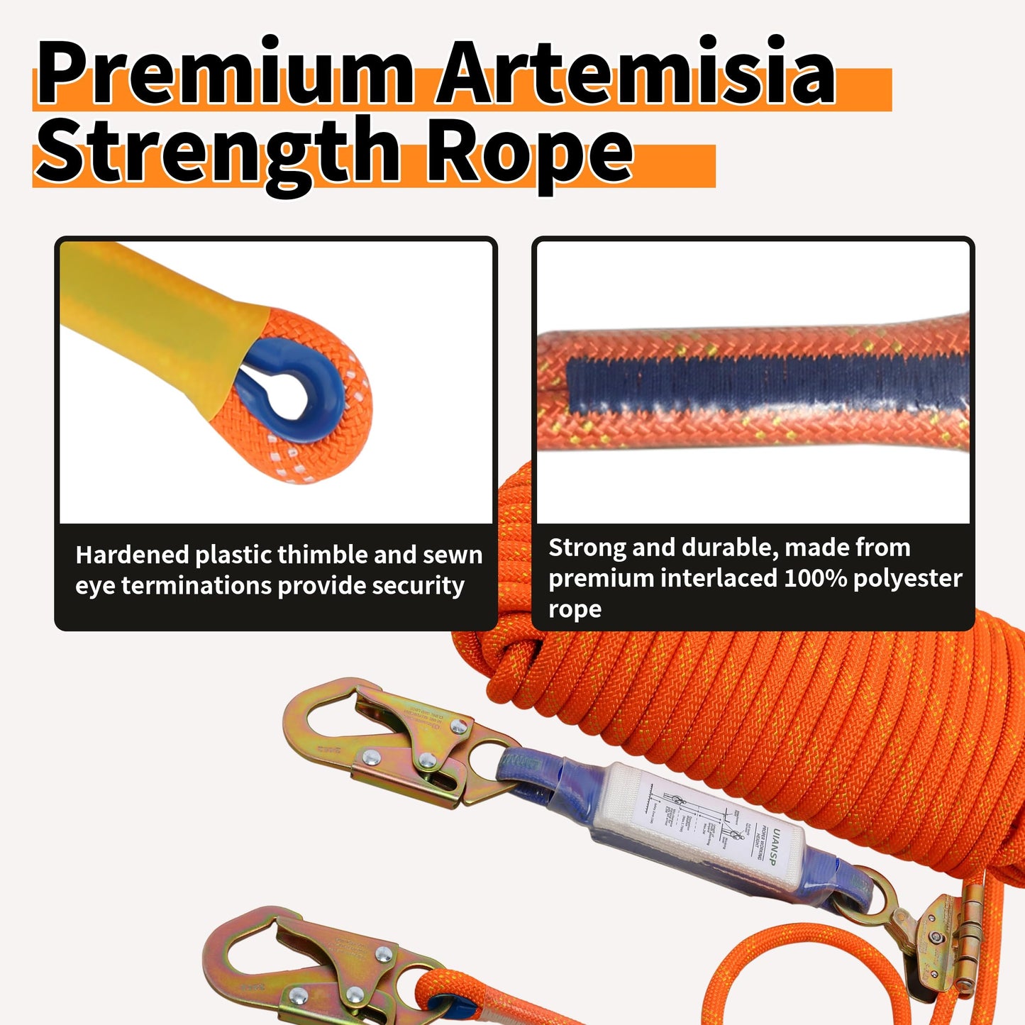 Fall Protection Safety Rope 50ft Heavy Duty Vertical Roofing Grab Snap Hook Shock Absorber Fall Protection Line Kit Restraint System Roofing Safety Equipment (50FT)