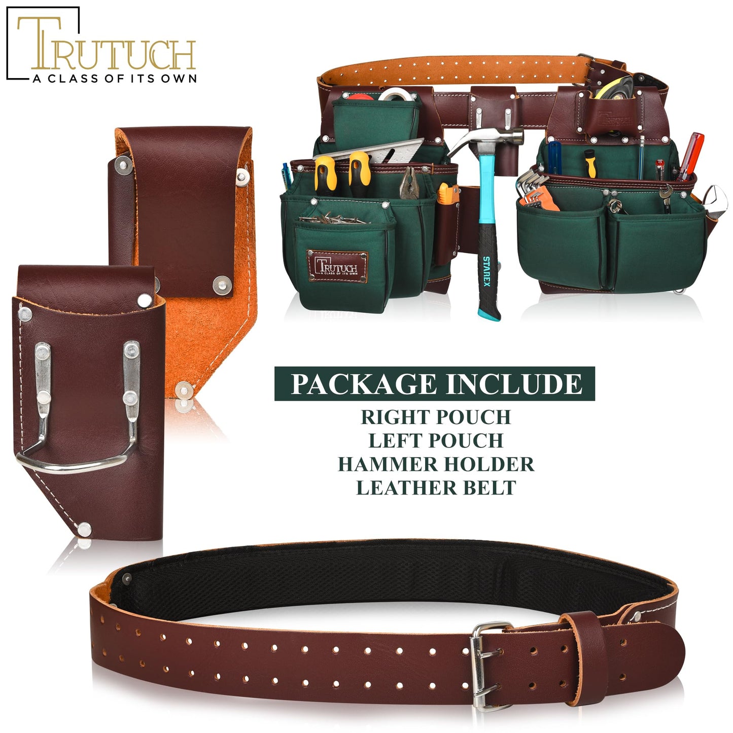 TRUTUCH Nylon and Leather Tool Belt | Framing Tool Bags/Pouch | for Carpenter, Construction, Framers & Electrician (Green)