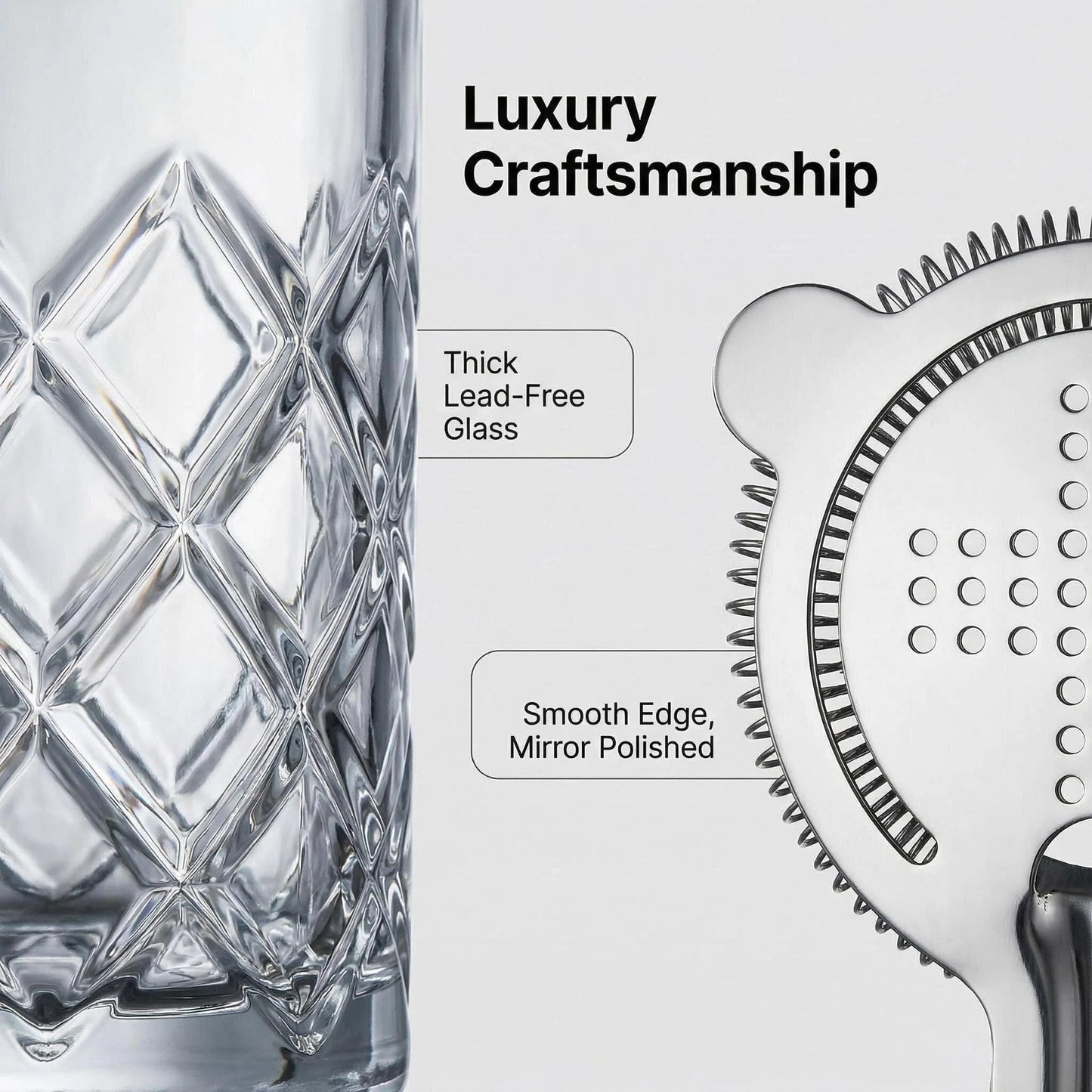 Fioance Cocktail Mixing Glass Set, Bar Mixing Set with 13.5oz Crystal Thick Bottom Glass,Spoon with Muddler and Strainer, Sturdy Hand Blown Seamless Crystal, Gift for Amateurs and Bartenders.