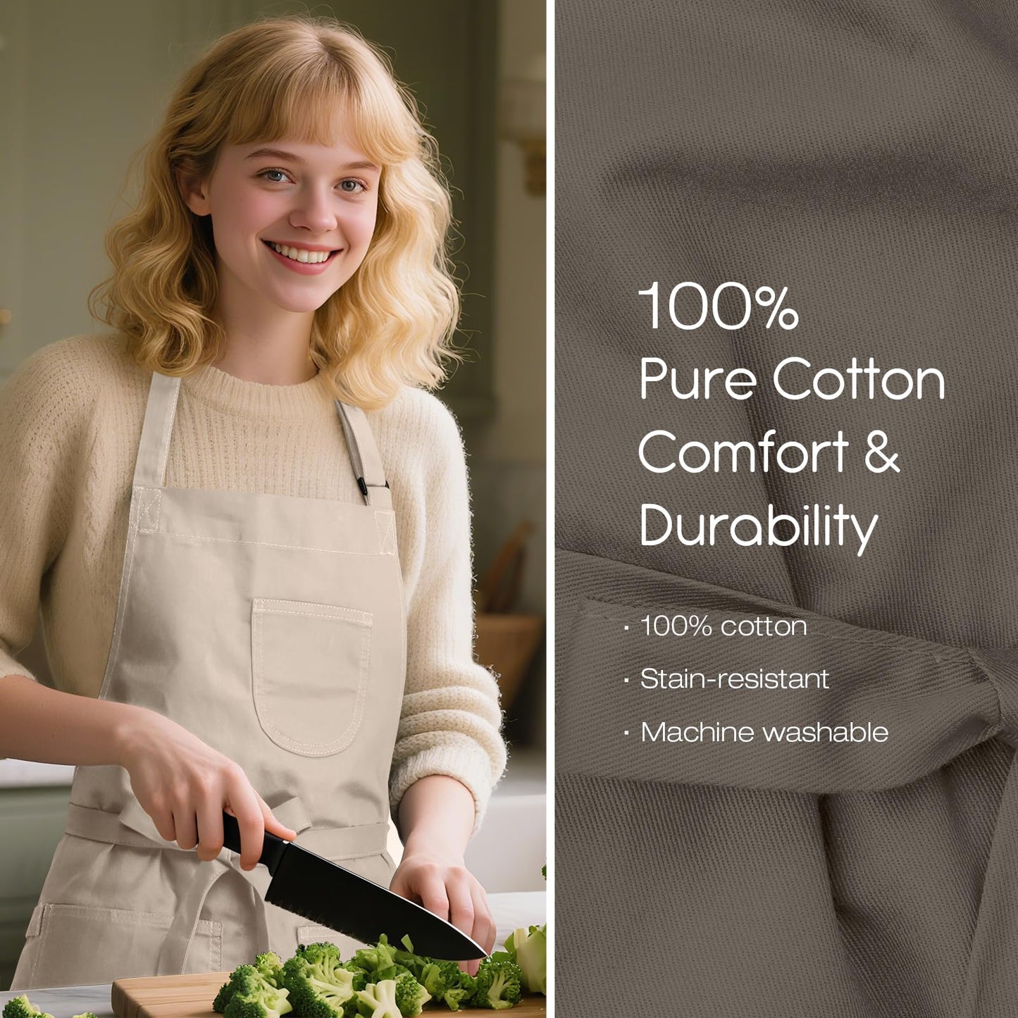 ELEGAHOUSE Unisex Apron with Pockets for Cooking, Salon & Art - 100% Cotton Adult Kitchen, Chef, Stylist Apron (Beige)