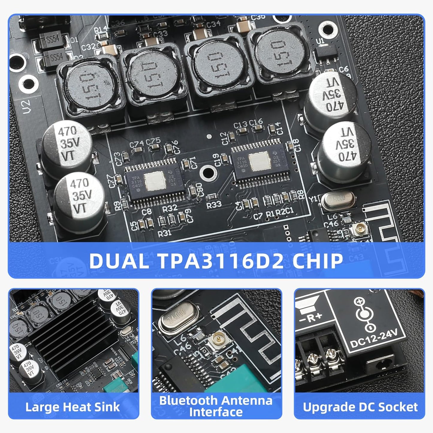 ZK-1002T 100W+100W IPEX-1 9-24V 2.0 TPA3116 DAJUNGUO Bluetooth Amplifier Board with Antenna, DC Input, Stereo