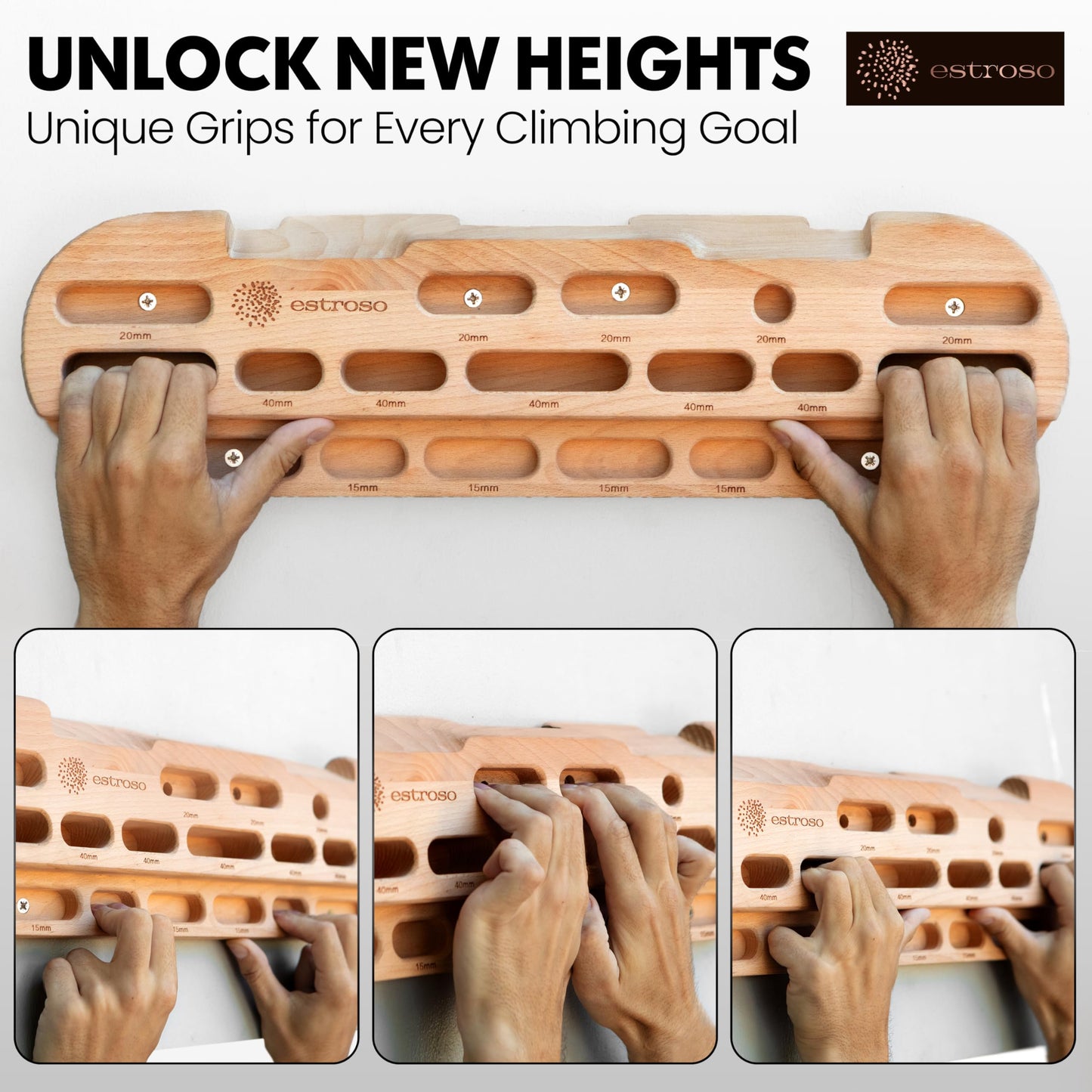 ESTROSO Wooden Hangboard - Training Hang Board with Adjustable Grip Depths, Grip Strengthener, Forearm Exerciser, Pull Ups - Climbing Fingerboard with Installation Kit