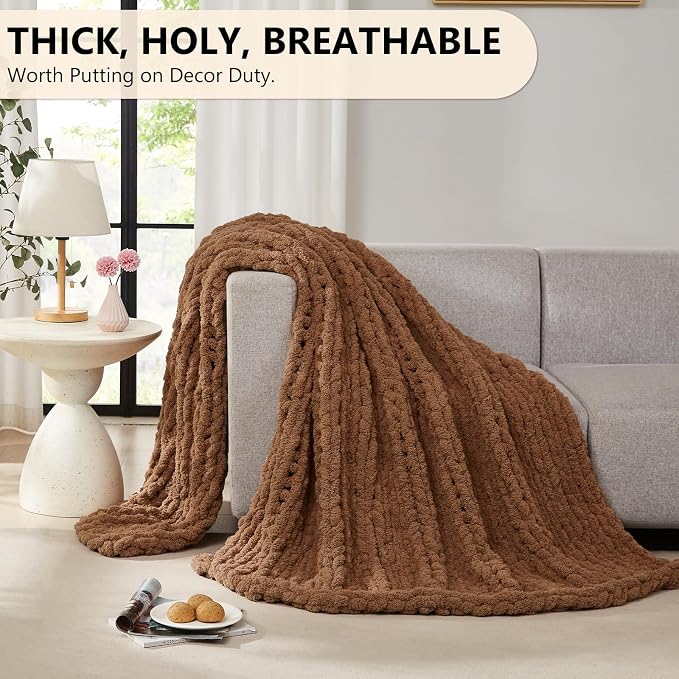 L'AGRATY Chunky Knit Blanket Throw: 50''x60'' Chenille Chunky Knitted Throw Blankets for Bed Couch - Handmade Thick Big Cable Knit Blanket - Large Crochet Rope Blankets for Home Decor(Brown)