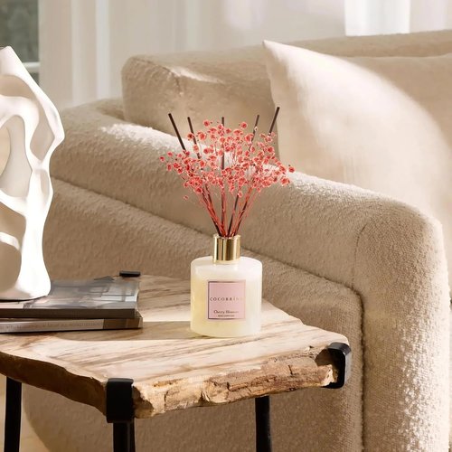 COCORRÍNA Reed Diffuser - Cherry Blossom Scented 6.7 Fl. Oz Set with Sticks & Baby's Breath Decor