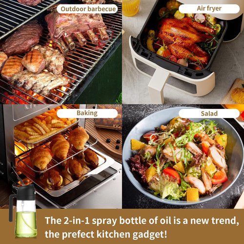 DOPUDO Oil Sprayer for Cooking, 2 in 1 Olive Oil Dispenser Bottle for Kitchen, 16oz/470ml Premium Glass Oil Bottle, Food-grade Oil Mister for Air Fryer, Salad, Frying, BBQ (Creamy Black)