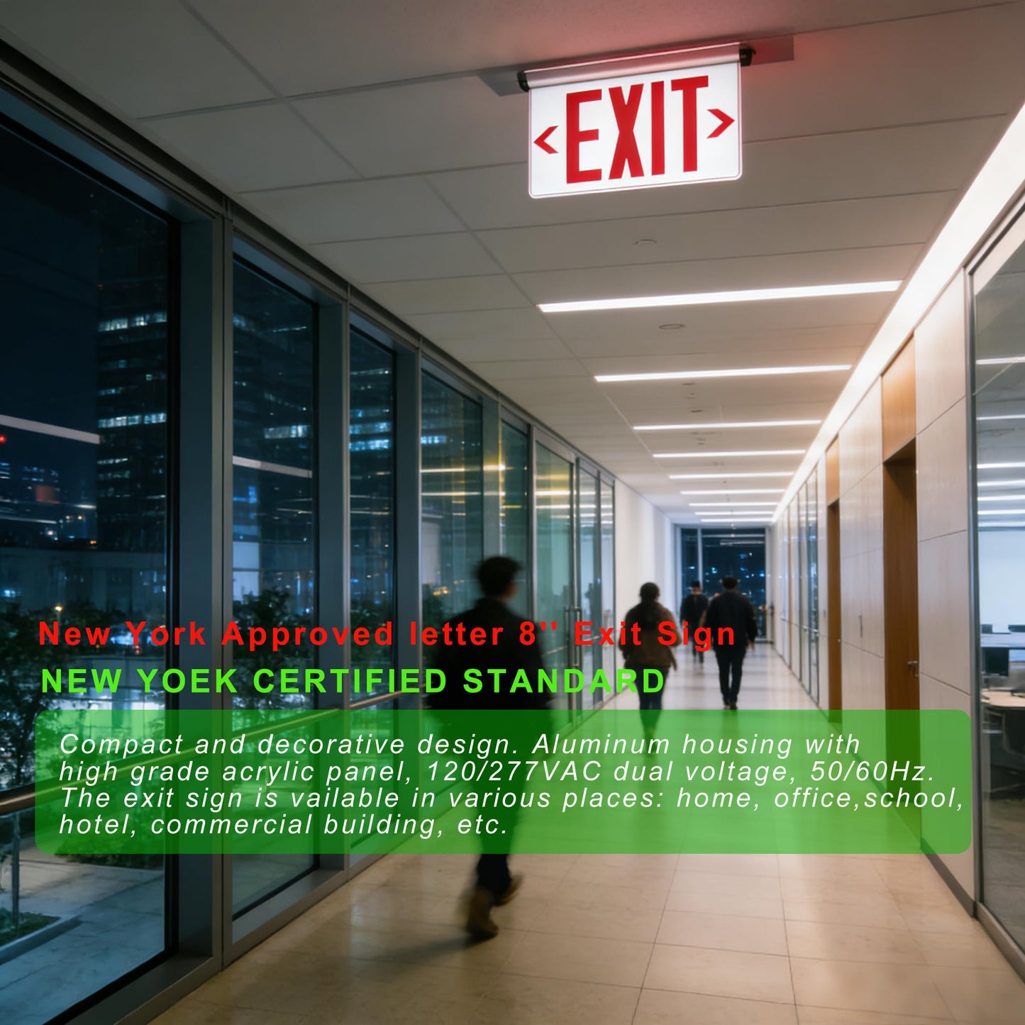 Garrini New York Approved Letter 8" Exit Sign Emergency Light Recessed Housing Single and Double Face Optional, Replaceable Acrylic Panel, UL Certified GRMSEL-200