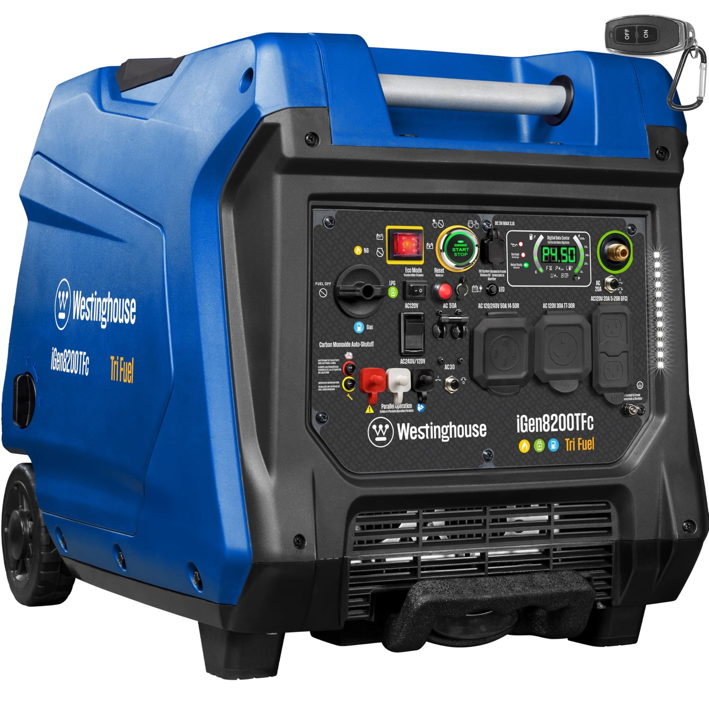 Westinghouse 8200 Peak Watt Tri-Fuel Portable Inverter Generator, Remote Electric Start, Transfer Switch Ready, Gas, Propane, Natural Gas, Low THD, Safe for Electronics, Parallel Capable, CO Sensor