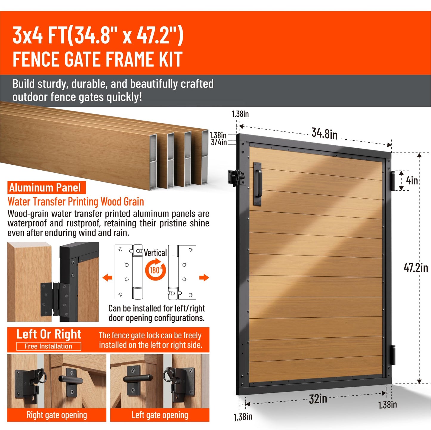 Uphode 3x4 FT(34.8" x 47.2") 201 Stainless Steel Fence Gate Kit Heavy Duty, Anti Sag Metal Fence Gate Frame Kit with Board, Morden Garden Gate Hardware Kit Outdoor (Left/Right Free-Installation)