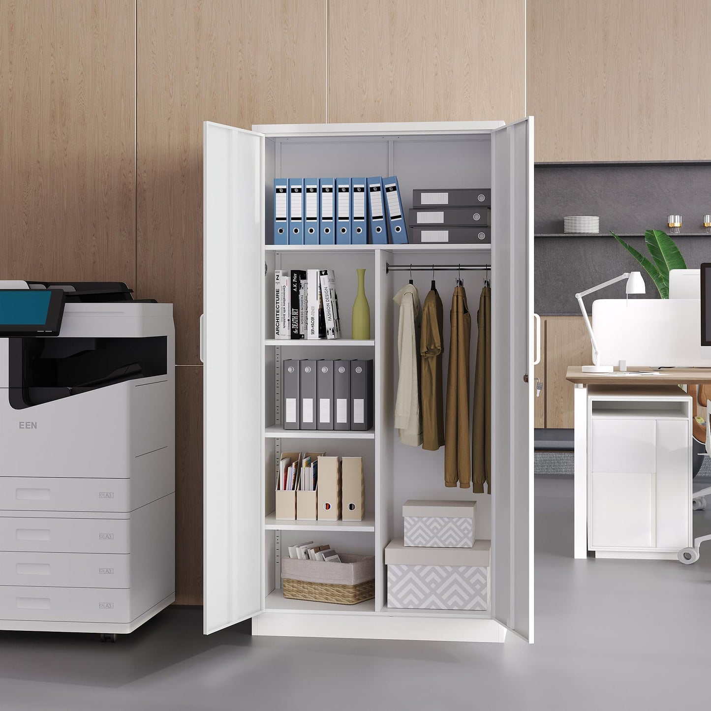 LISSIMO Broom Closet with Lock, Metal Storage Cabinet 36" Wide, 5-Tier Steel Utility Cabinet with Hanging Rod & Doors for Garage, Laundry Room, Warehouse Storage
