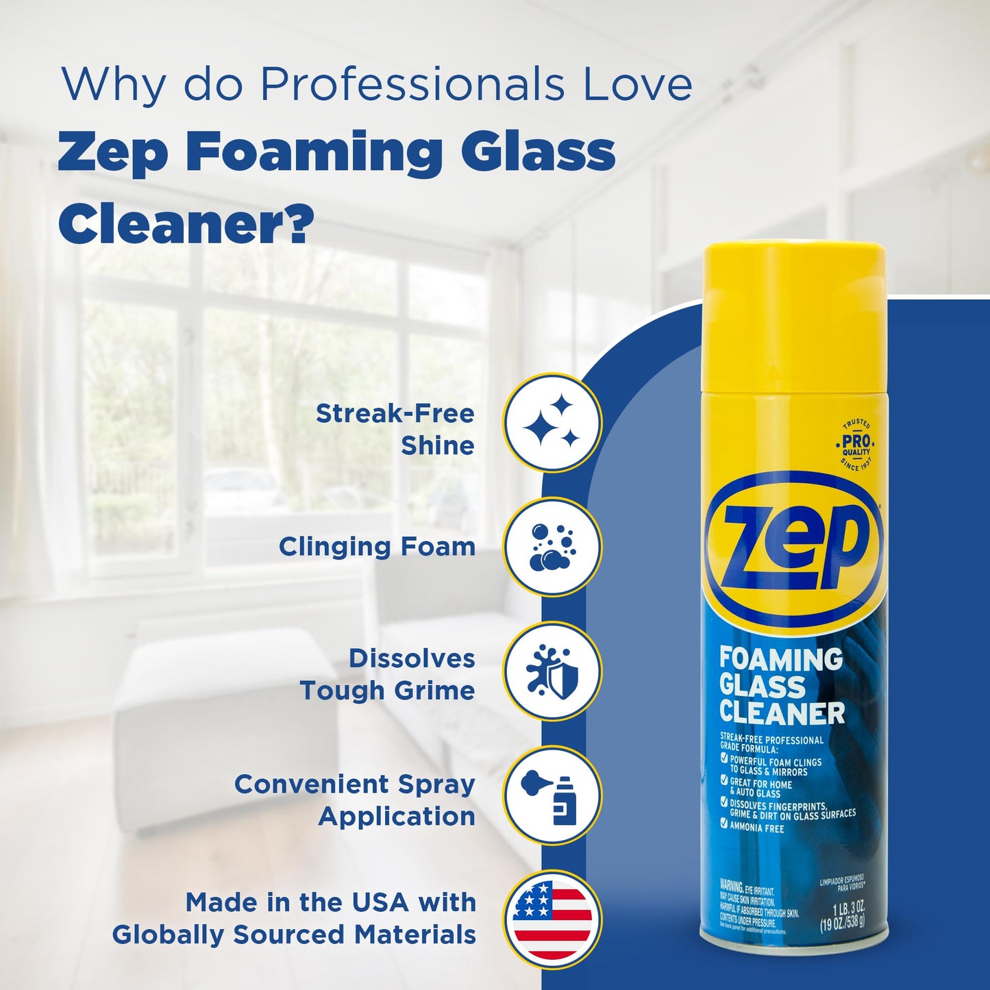 Zep Foaming Glass and Plexiglass Cleaner - 19 oz (Case of 4) ZUFGC19 - Foaming Formula Clings to Vertical Surfaces. Trusted by Pros