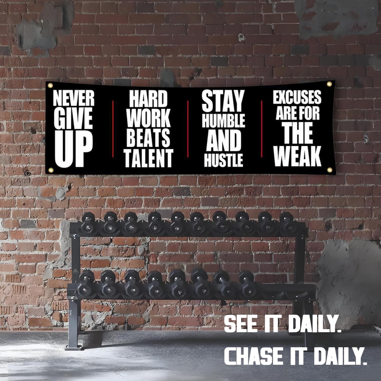 "NEVER GIVE UP" Motivational Gym Banner - Fitness Wall Art for Home Gym & Office - Workout Encouragement Tapestry with Inspirational Quote for Exercise Room and Dorm Decor