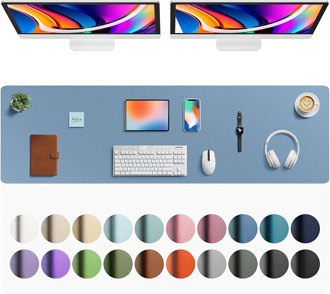 Aothia Faux Leather Desk Mat - Large Mouse Pad, Non-Slip PU Leather Blotter, Waterproof Writing Surface for Office and Home (Denim Blue, 63" x 17")
