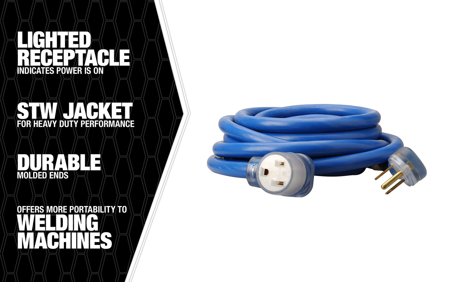 Southwire Welder Extension Cord - Heavy-Duty Power Cable for Industrial Welding Machines - STW Jacket - Molded Ends - Lighted Receptacle - 50-Amp/250-Volt - 50-Feet