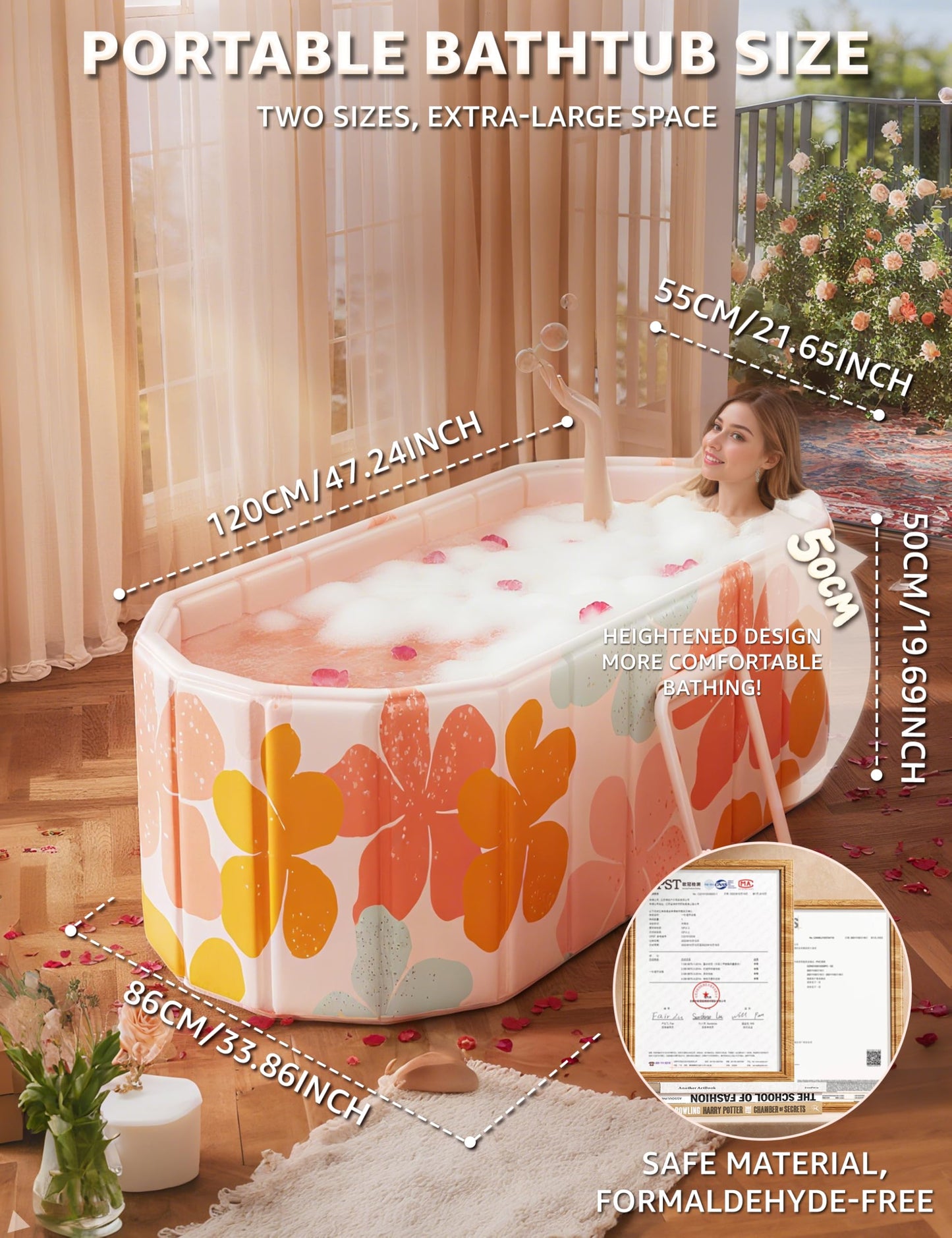 LoMoTive Portable Bathtub Ice Bath Tub - Foldable Collapsible Bathtub for Adult Shower Bathroom Hot SPA Soaking Cold Plunge Tub Freestanding Bathtub 47"Lx22"Wx20"H Pink