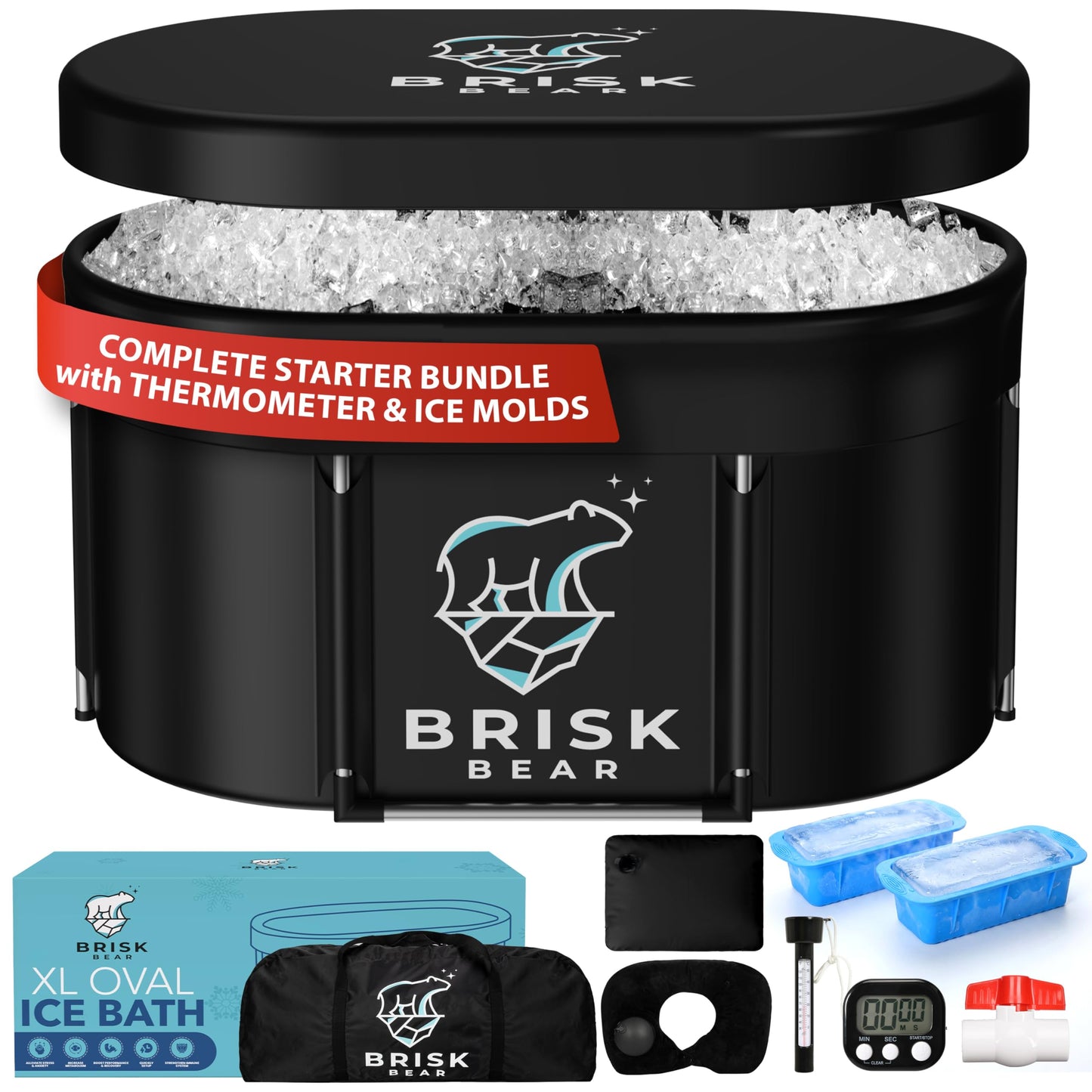 XL Oval Ice Bath Tub for Athletes with Cover by Brisk Bear - Extra Large Cold Plunge Tub for Recovery - Ice Tub with Digital Timer, Thermometer & Reusable Ice Molds - Cold Plunge to Soothe Muscles