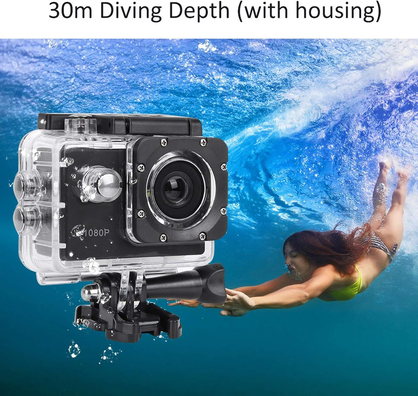 ASHATA A7 1080P 2.0in 30m 140 900mAh Action Camera Camcorder, HD, Screen, Waterproof, Wide Angle, Battery, Black