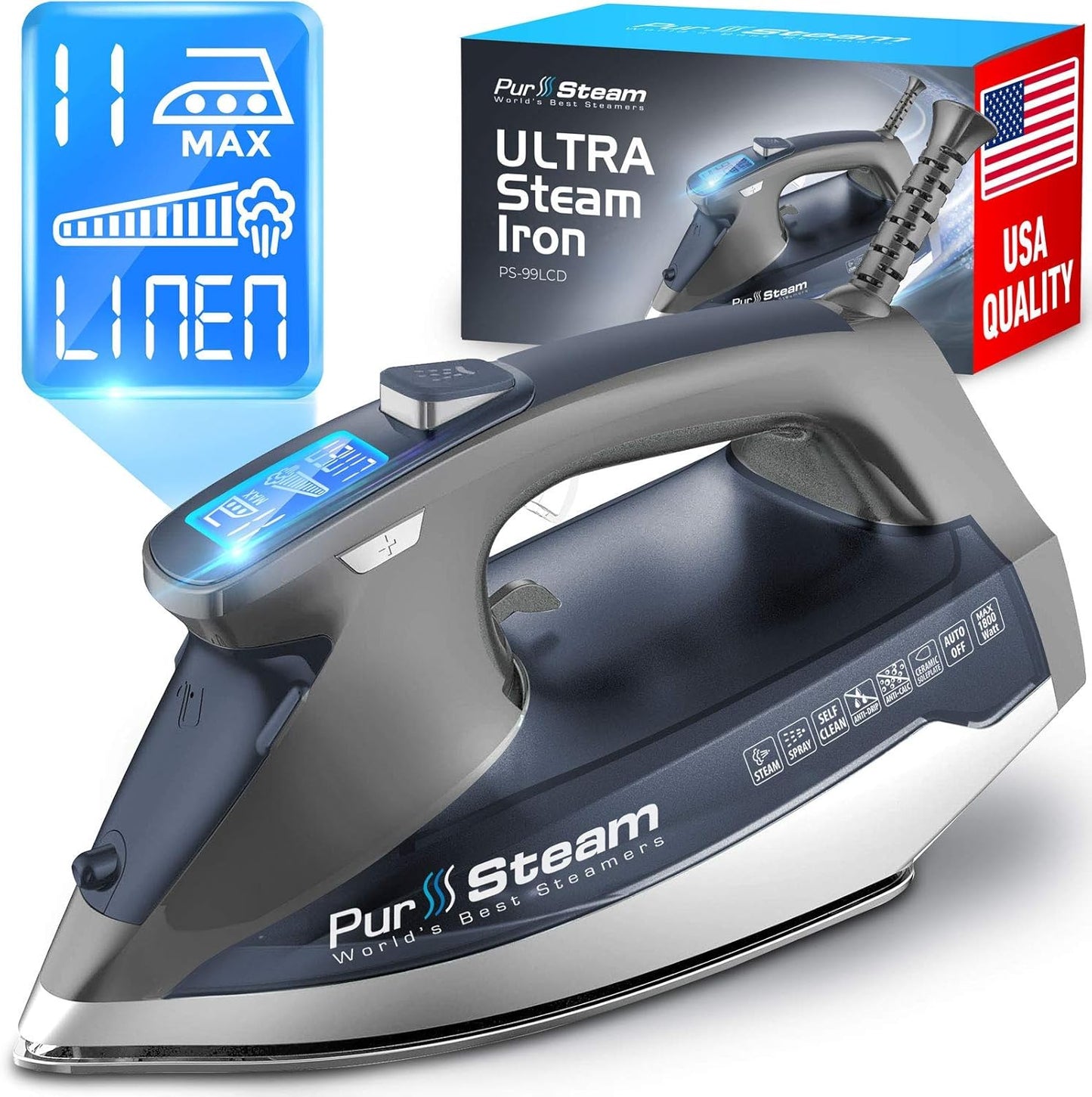 Pursteam Steam Iron - 1800W Power, LCD Screen, Nonstick Ceramic Soleplate | Auto Shutoff & Self-Cleaning