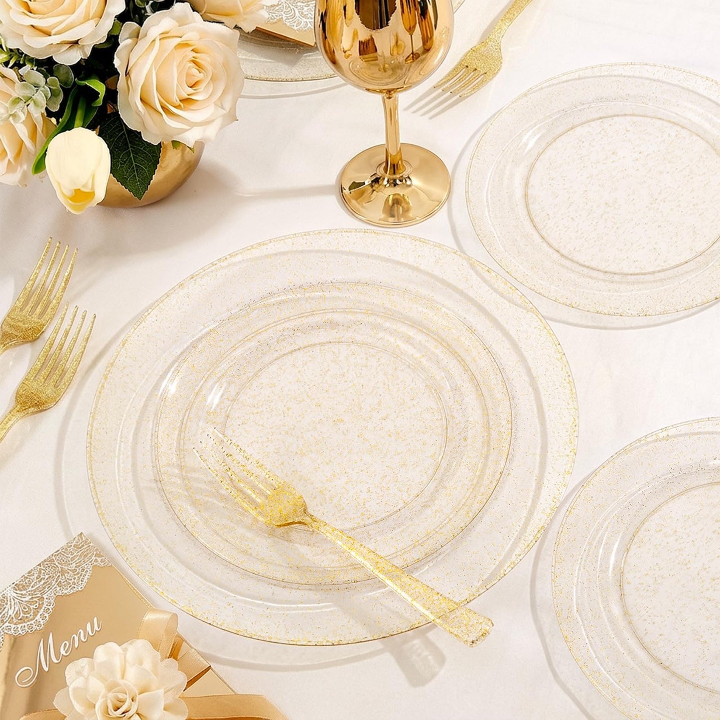 WDF 120PCS Gold Plastic Plates- Disposable Gold Glitter Plates, Premium Heavy Duty 60-10.25" Dinner Plate and 60-7.5" Salad Plate for Wedding Baby Shower Spring Birthday