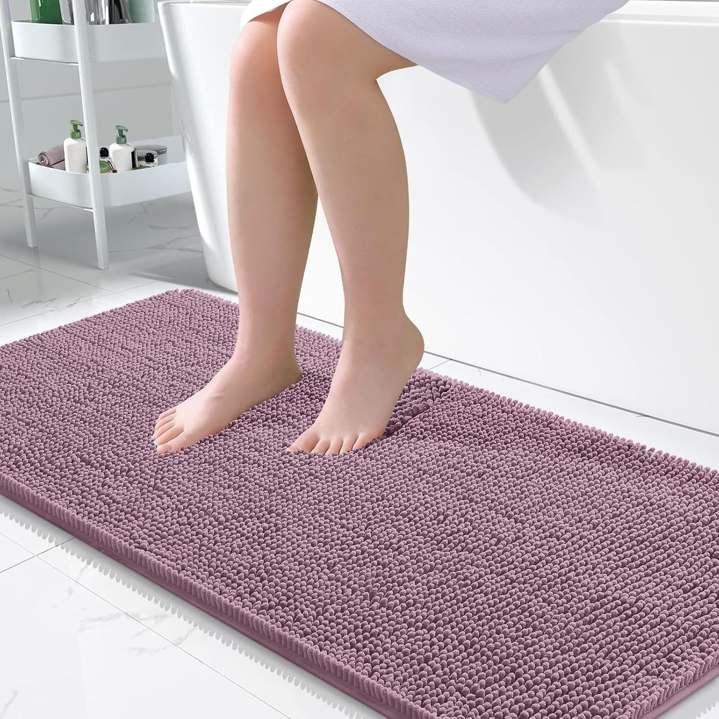 OLANLY Bathroom Runner Rugs - Soft Absorbent Chenille Bath Mat with Rubber Backing | 47x24 Deep Plum