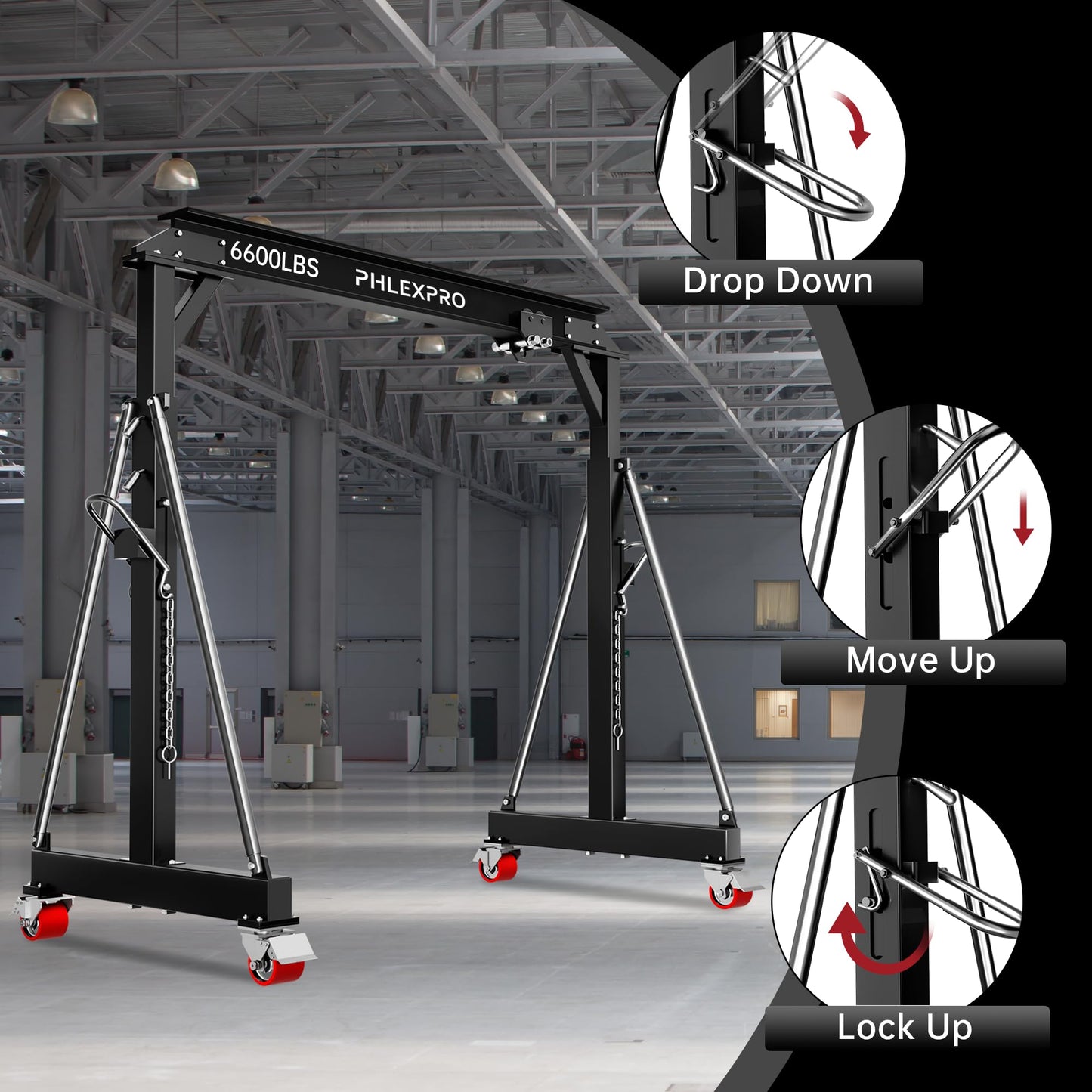3 Ton Gantry Crane, 6600LBS Capacity, Adjustable Height 8.53 to 12.47ft with Triangle Base, Portable I-Beam Hoist for Factory, Warehouse, Auto Repair & Construction, Black