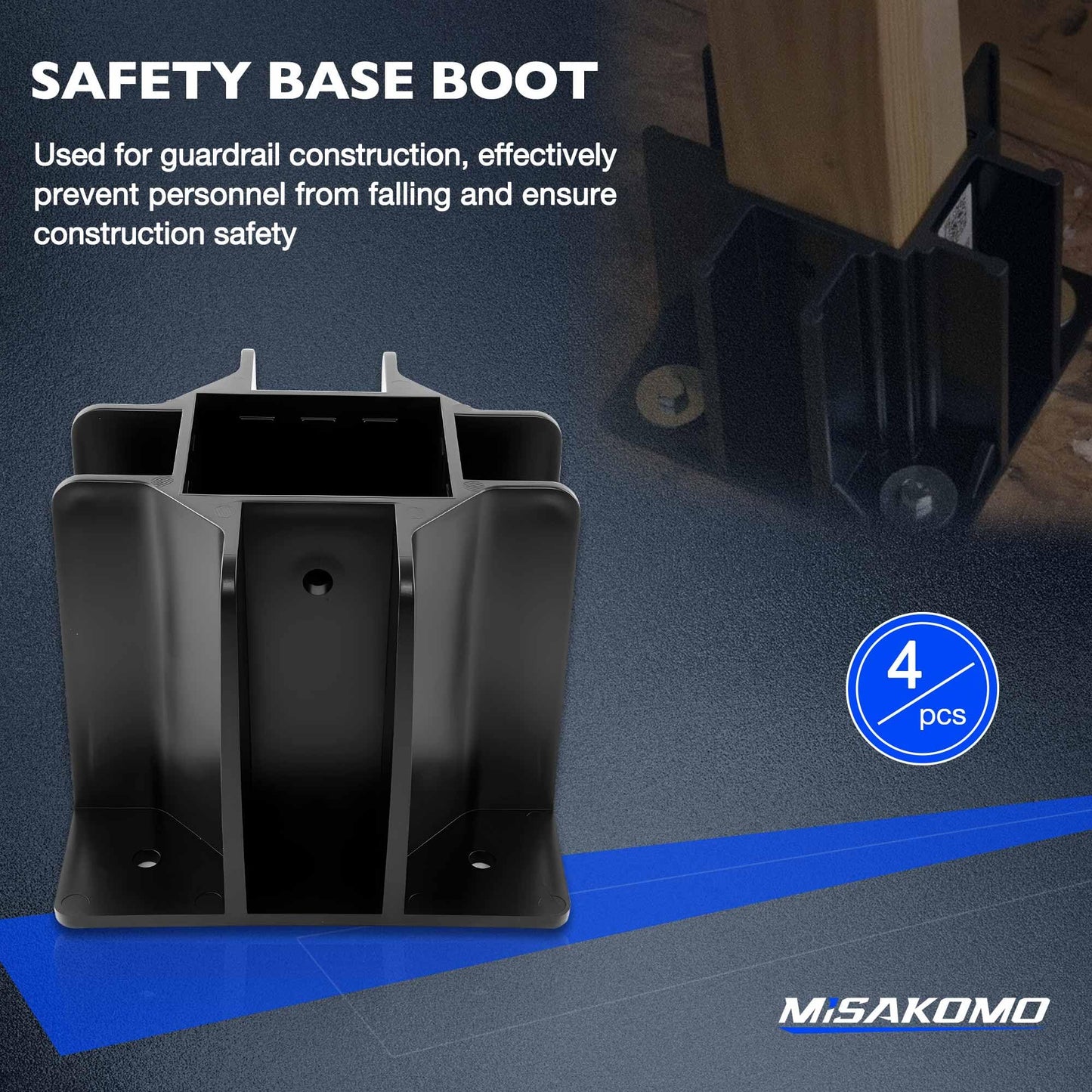 4PCS Black Safety Base Boot - Guardrail Base with Toeboard Slots - Reusable Fall Protection Accessories for Residential & Commercial Construction