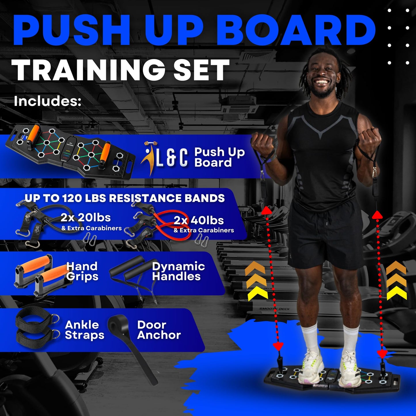 Push Up Board for Full Body Workout - Versatile Home Workout Equipment with QR Code Guided Workouts, Sweat Resistant Handles, Resistance Bands, Perfect for Beginners to Pros - L&C Exercise Essentials