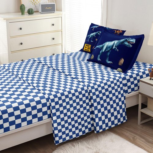 Leaflin Kid Twin Comforter Set - 5 Piece Dinosaur Bedding Set for Boys/Girls - Super Soft Microfiber Bed in a Bag with Comforter, Sheets, Pillowcase, Blue