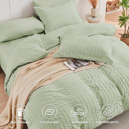 HYMOKEGE California King Comforter Set - Light Green Seersucker 7-Piece Luxury Bedding Set