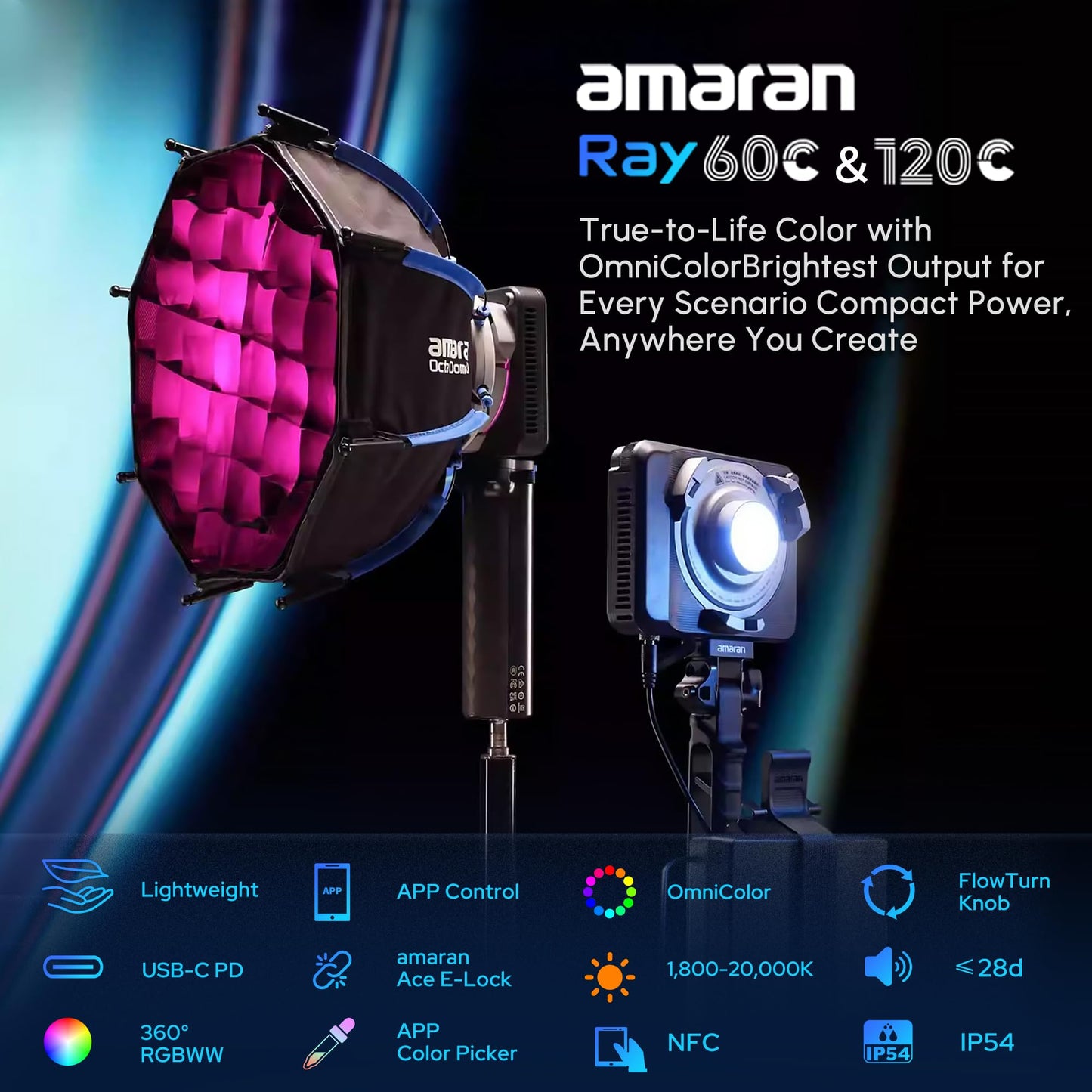 Amaran Ray 60c RGB Video Light,60W Portable Studio Photography Light CCT 1,800K-20,000K with Softbox Portable Bag for YouTube,TikTok,Live Streaming,Weddings,Vlog