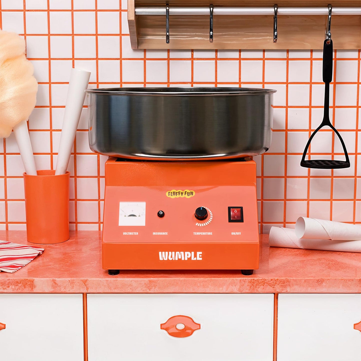 Wumple Cotton Candy Machine Kit Bundle with Flavored Sugars & Cones - Commercial Electric Cotton Candy Machine with Supplies, Stainless Steel Bowl for Parties - Orange
