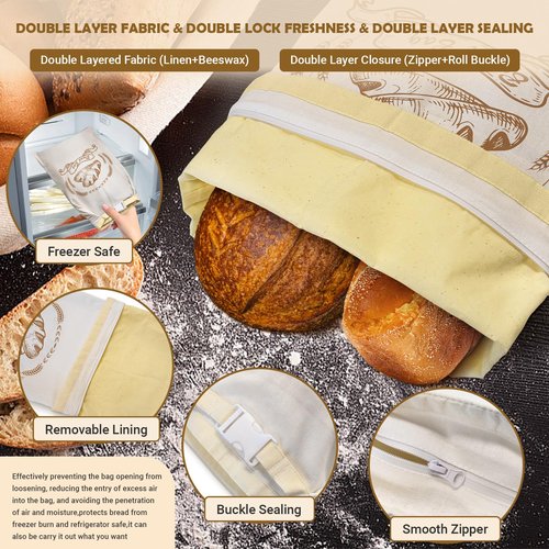 Large Linen Beeswax Bread Bags(2 Pack) Sourdough Bread Bags Reusable Double-Lock Freezer Baking Container Gift Giving for Homemade,Loaf,Sourdough,Food Storage (Plain Colour Patterns)