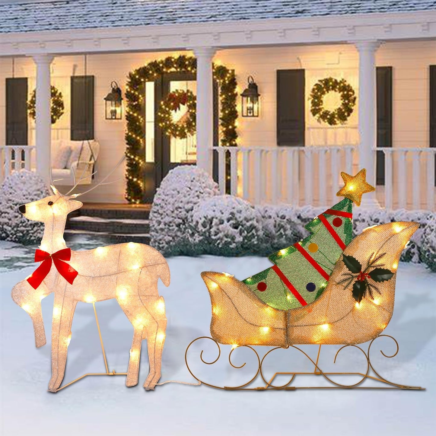 WATERGLIDE Christmas Decorations - 23 Inch Lighted Reindeer & Santa Sleigh | Pre-Lit Outdoor Yard Decor