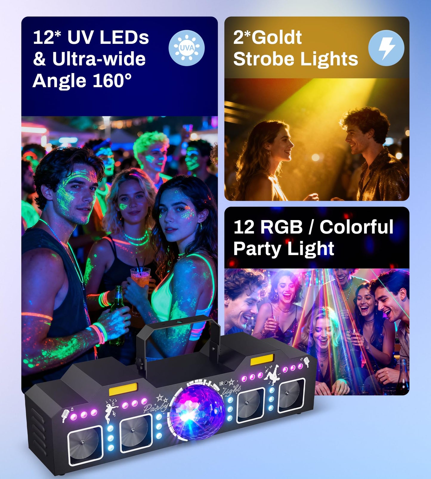 EYTSE DJ Lights for Parties, Pro 8 in 1 DMX512 Laser Light Show with Disco Ball Light, RGB and Gold Strobe,UV Black Lights-Sound Activated LED Lighting for Home, Karaoke, Clubs, Gigs, and DJ Lighting