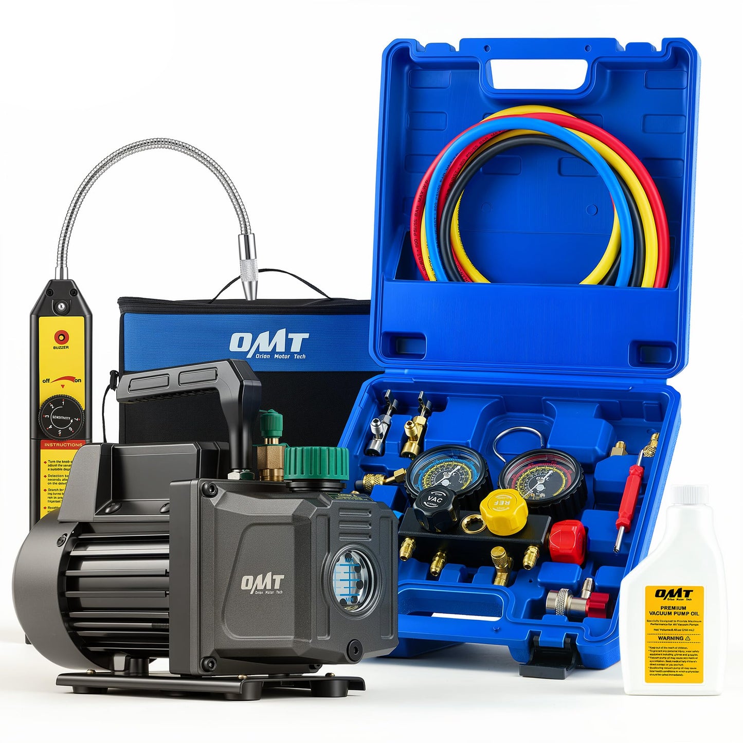 Orion Motor Tech AC Vacuum Pump and Gauge Set, 1/3 HP 4.5 CFM HVAC Vacuum Pump Kit with Leak Detector, 4 Hoses & Manifold Gauge for R134a R22 R410a, A/C Vacuum Pump Kit for Auto & Home HVAC Systems