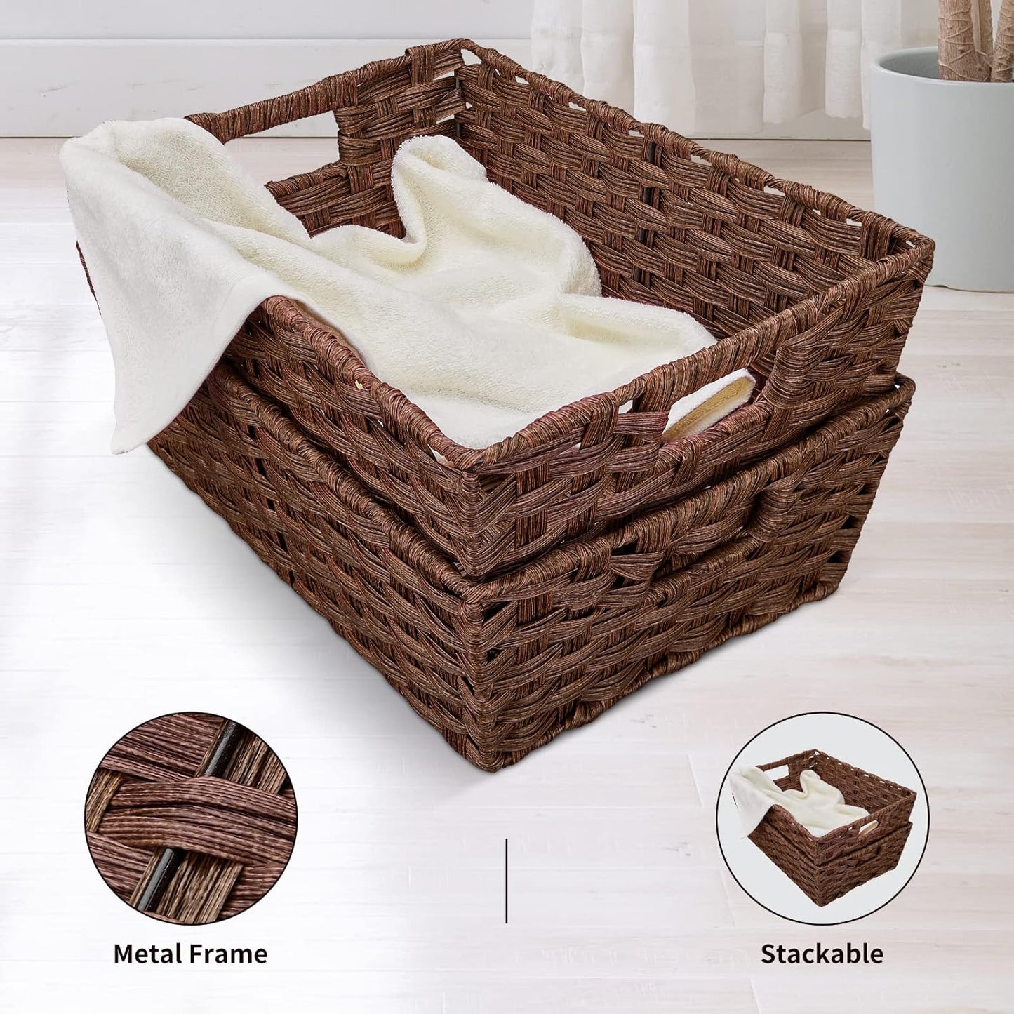 Onlytak Large Wicker Storage Basket Set - Washable & Waterproof Metal Frame | 15" x 10.3" x 5.2" - Brown