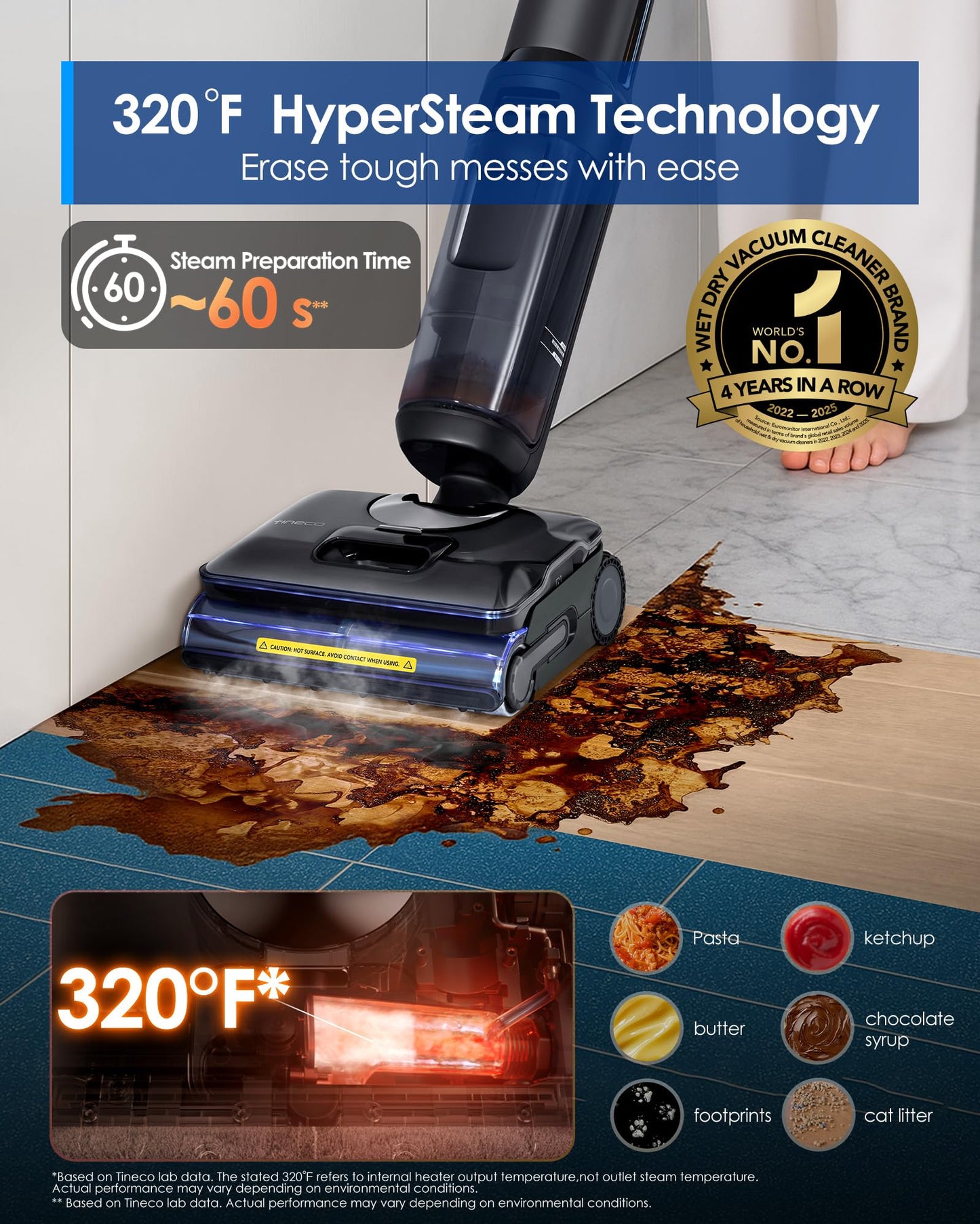 Tineco Floor One S7 Stretch Steam Cordless Wet Dry Vacuum Steam Mop All-in-One, 320℉ HyperSteam, 180° Lay-Flat, Anti-Tangle Design, FlashDry Self-Cleaning, Up to 75 Min Runtime