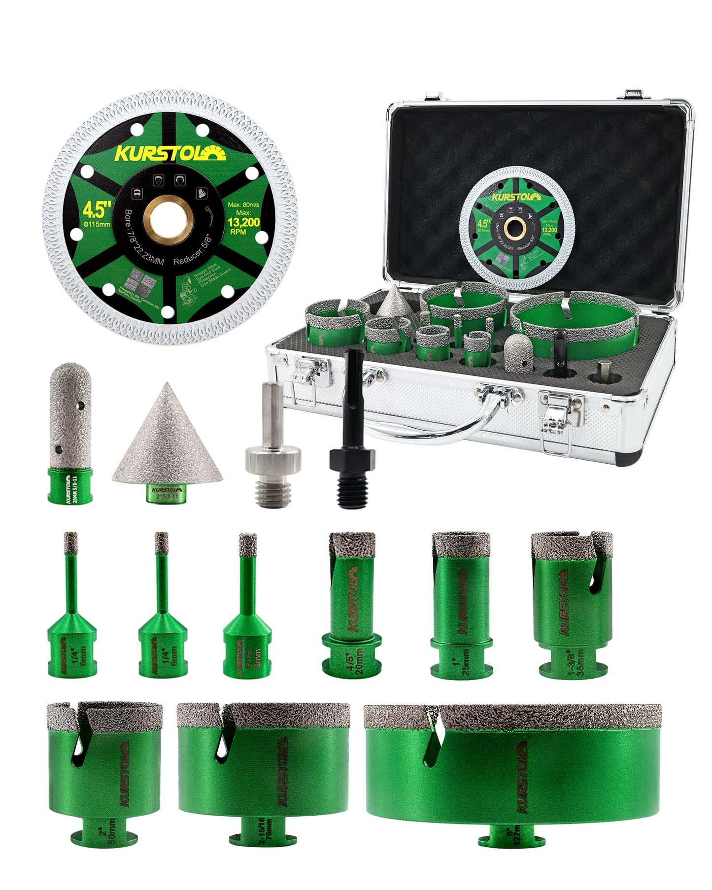 Tile Hole Saw Kit 14pcs- KURSTOL Diamond Core Drill Bits 6/6/8/20/25/35/50/75/100MM+4/5'' Finger Bit+2'' Chamfer Bit+4-1/2'' Saw Blade+SDS/HEX for Tile Porcelain Ceramic Granite Marble