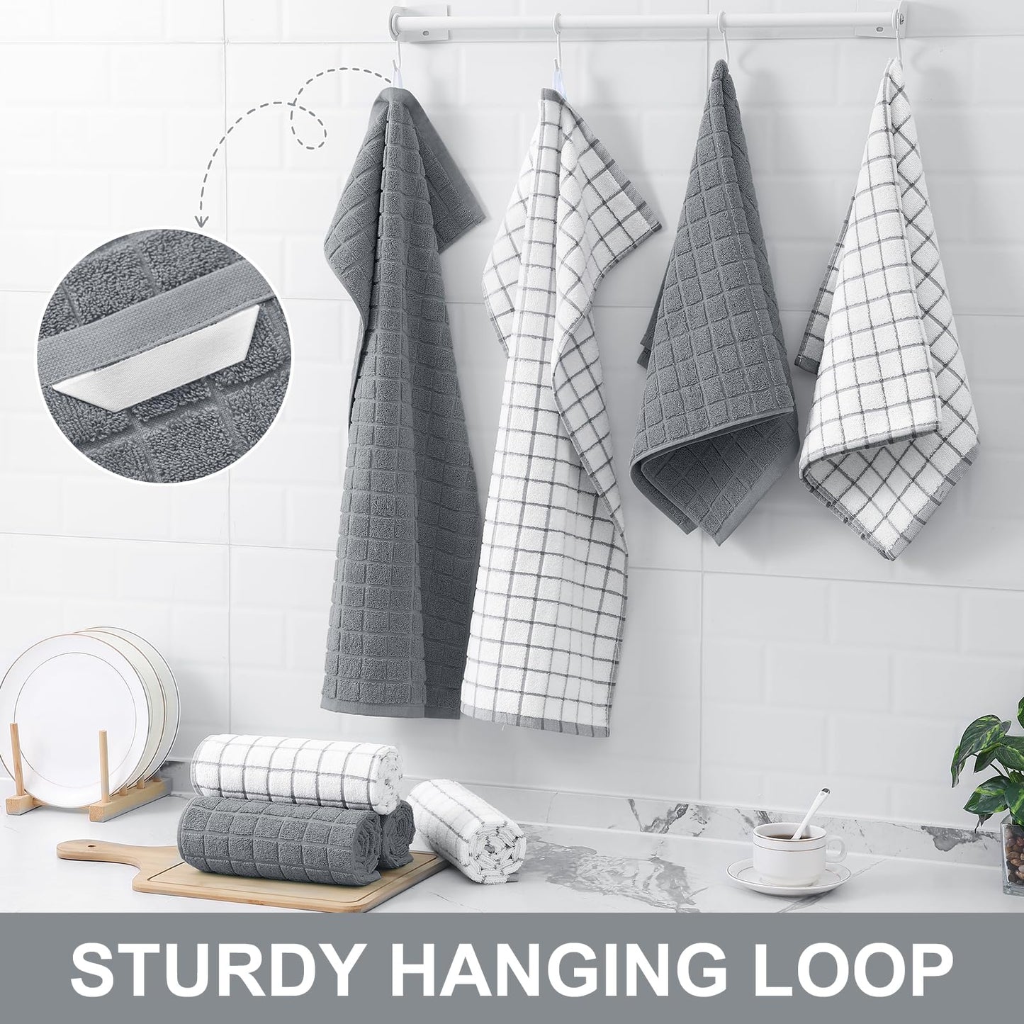 Homaxy Premium Cotton Kitchen Towels 16"x 28", Large Natural Ring Spun 390 GSM Dish Towels, Super Absorbent Terry Kitchen Hand Towels, Soft Tea Towels with Hanging Loop, Grey Check Design, 6 Pack