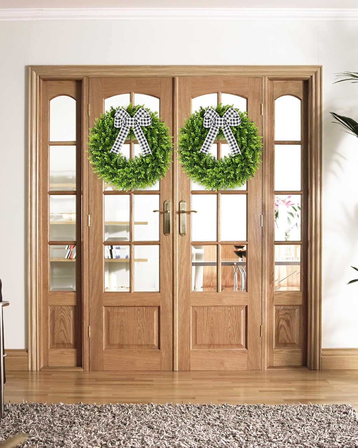 Vlorart 20" Faux Round Boxwood Wreath - Large Artificial Greenery with Plaid Bow for Door & Wedding Decor